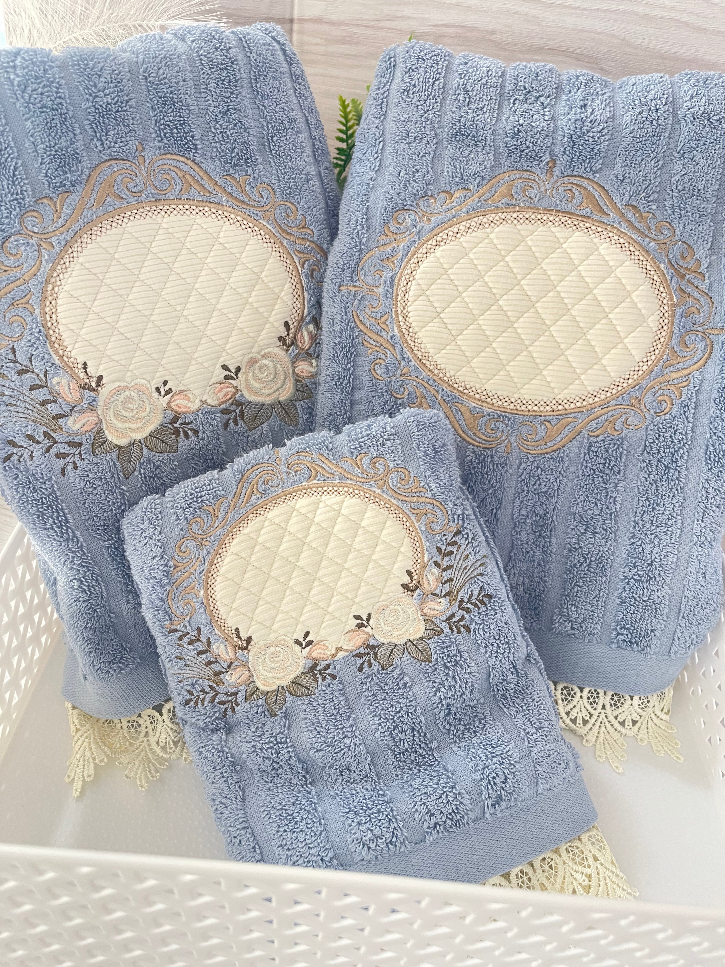 Blue Embroidery Bath Towels Set pcs – Cristina Embroidery Atelier