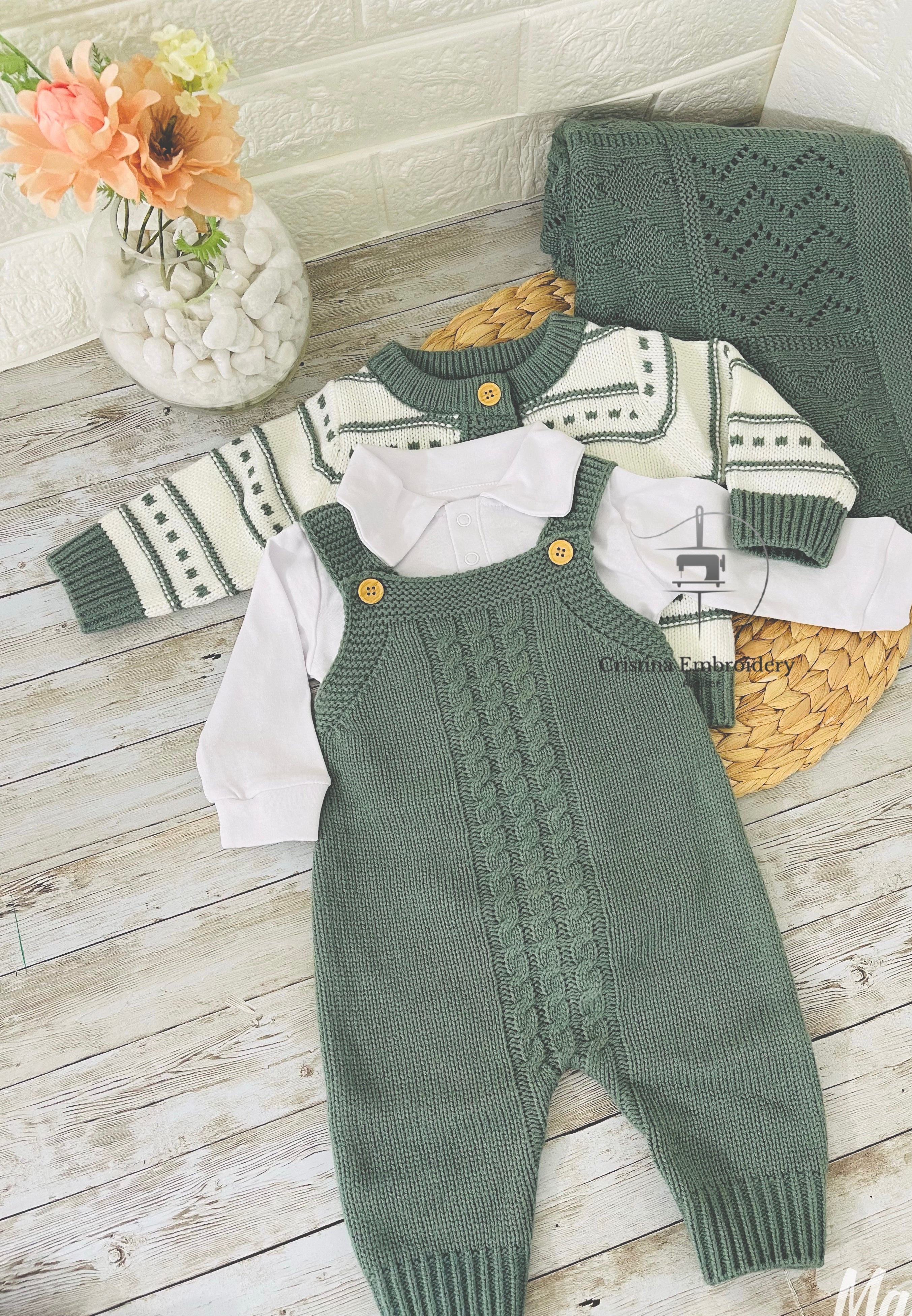 Pine Green - Knitted Baby Boy Outfit – 4 Piece Set - Cardigan 
