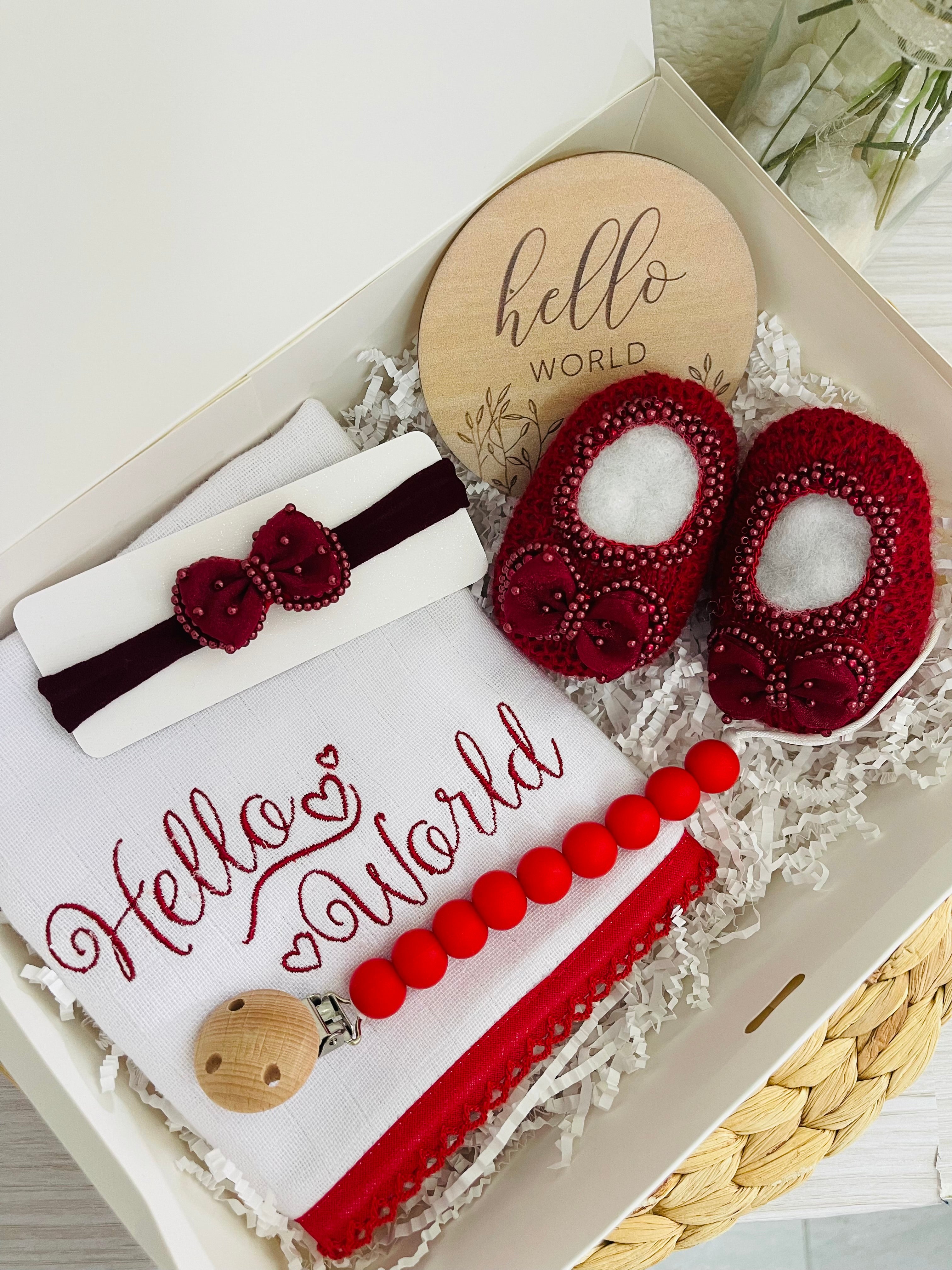 "Hello World"  Gift Box Baby Girl / Sweet Tulle Bow Red/Bordo