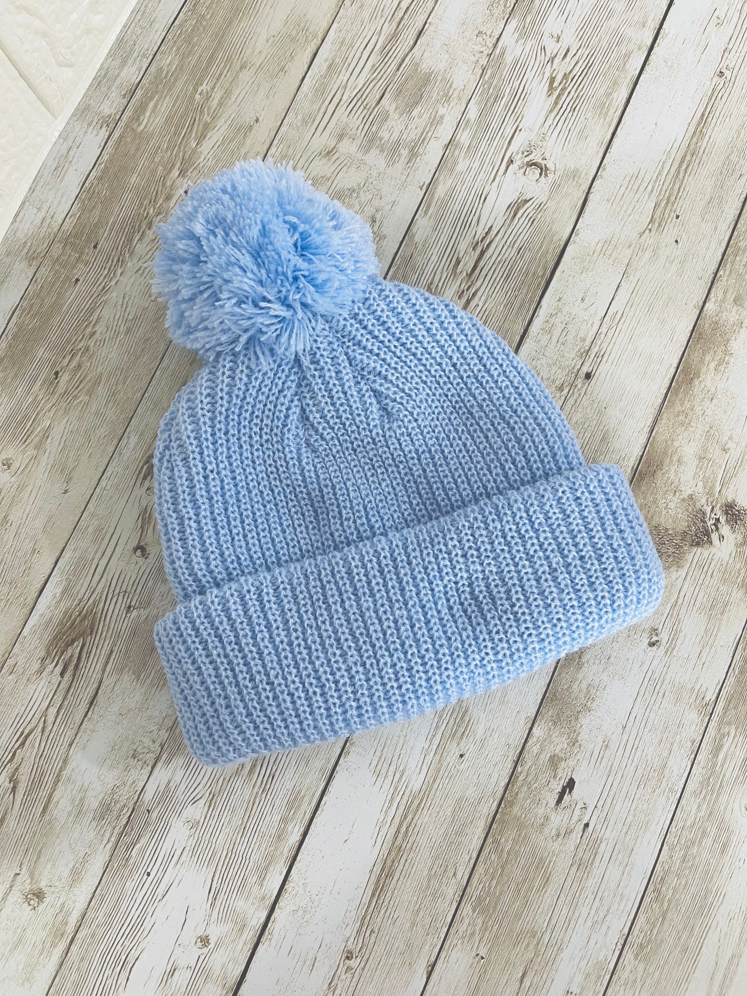 Baby Beanies Knitted with Pom Pom – Autumn & Winter ( Name Personalisation Available – Embroidered)