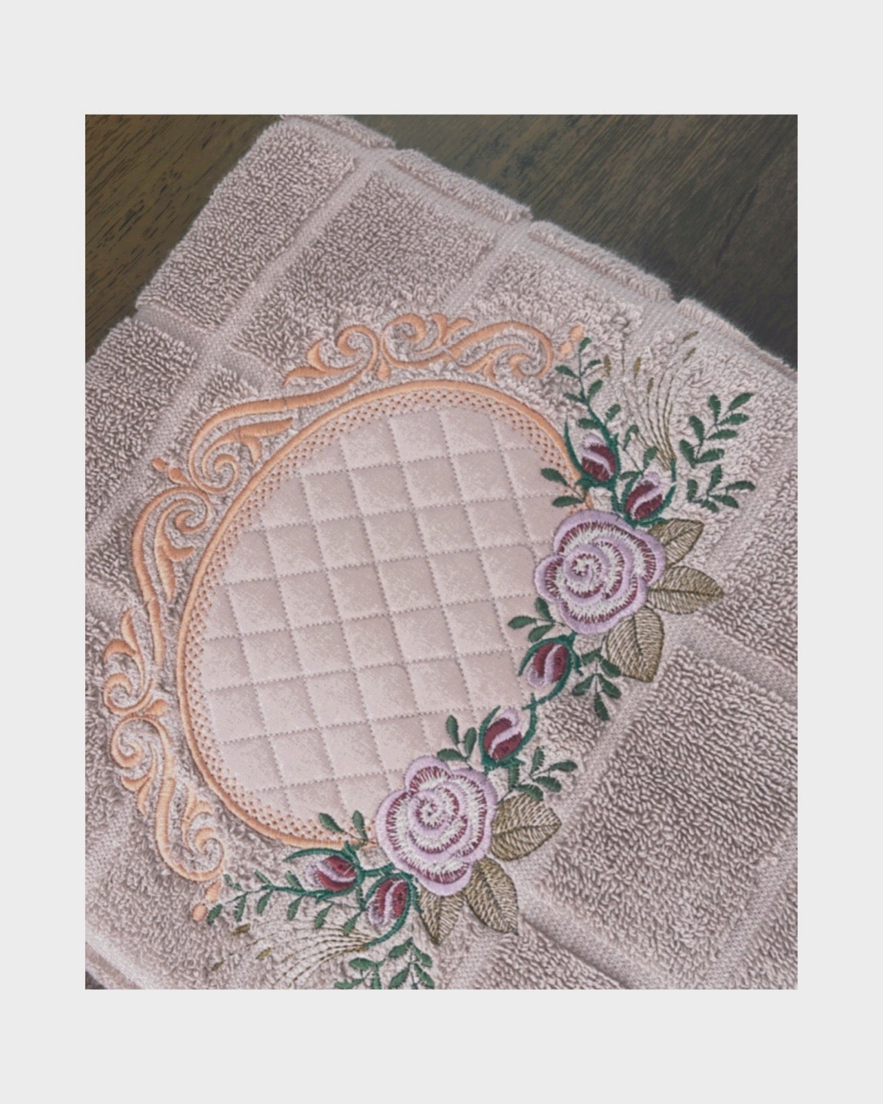 Elegant Taupe Towel Set – Classic Frame Embroidery 3 Piece
