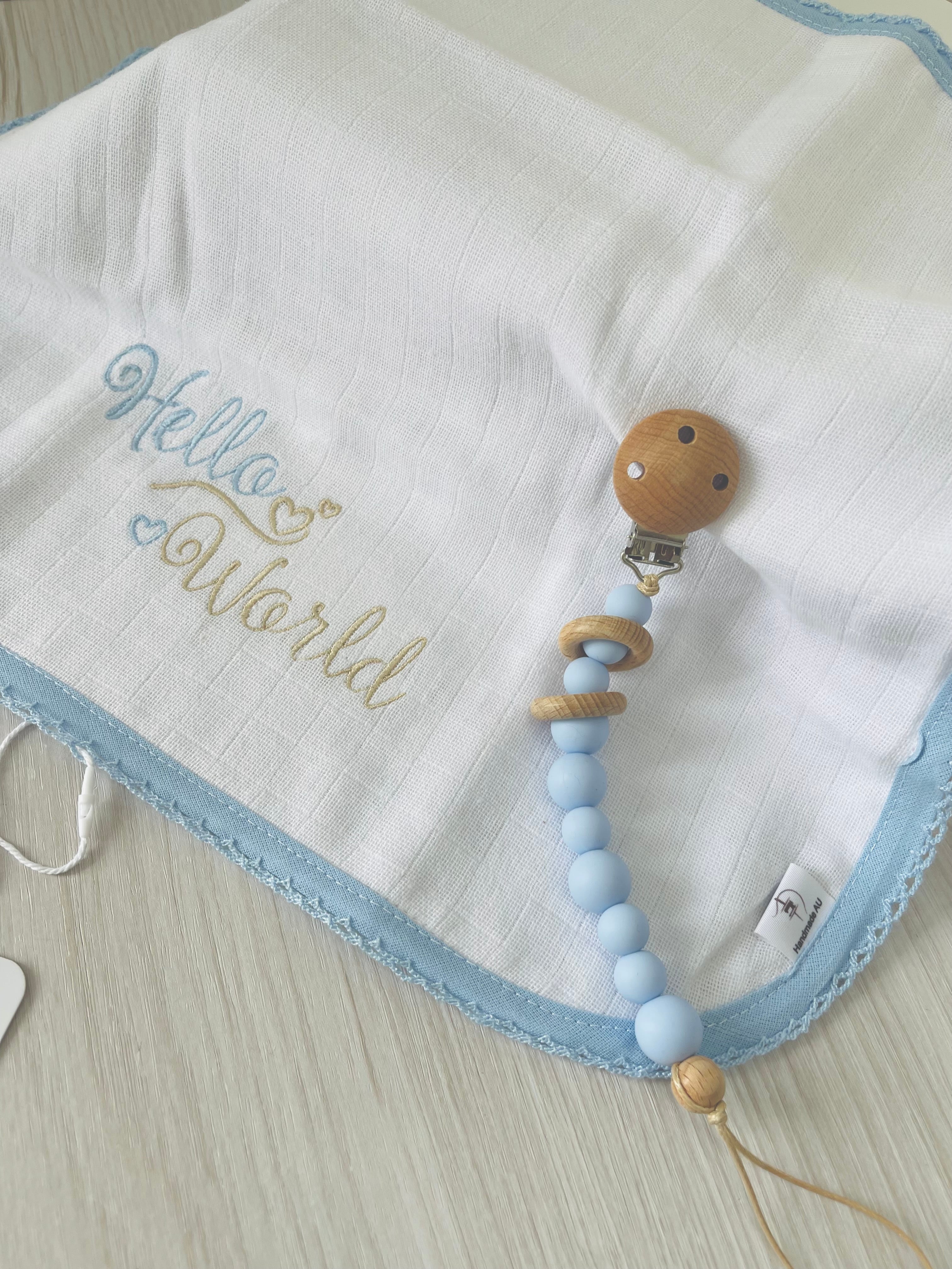 Pacifier Clip - “Hello World” Embroidered Burp Cloth - Baby Blue