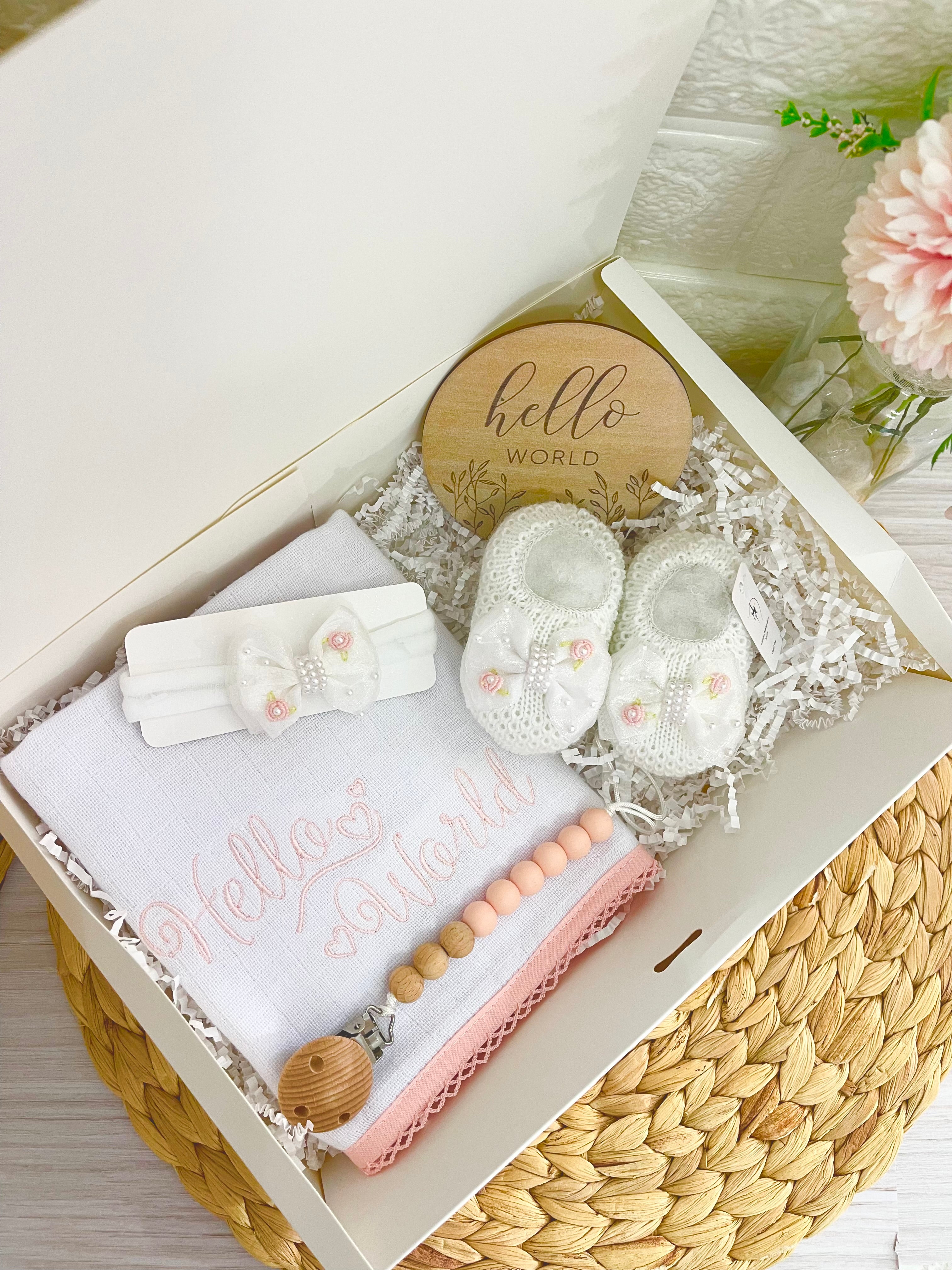 "Hello World" - Essential Gift Box – Baby Girl - Sweet Tulle Bow White/Light Pink