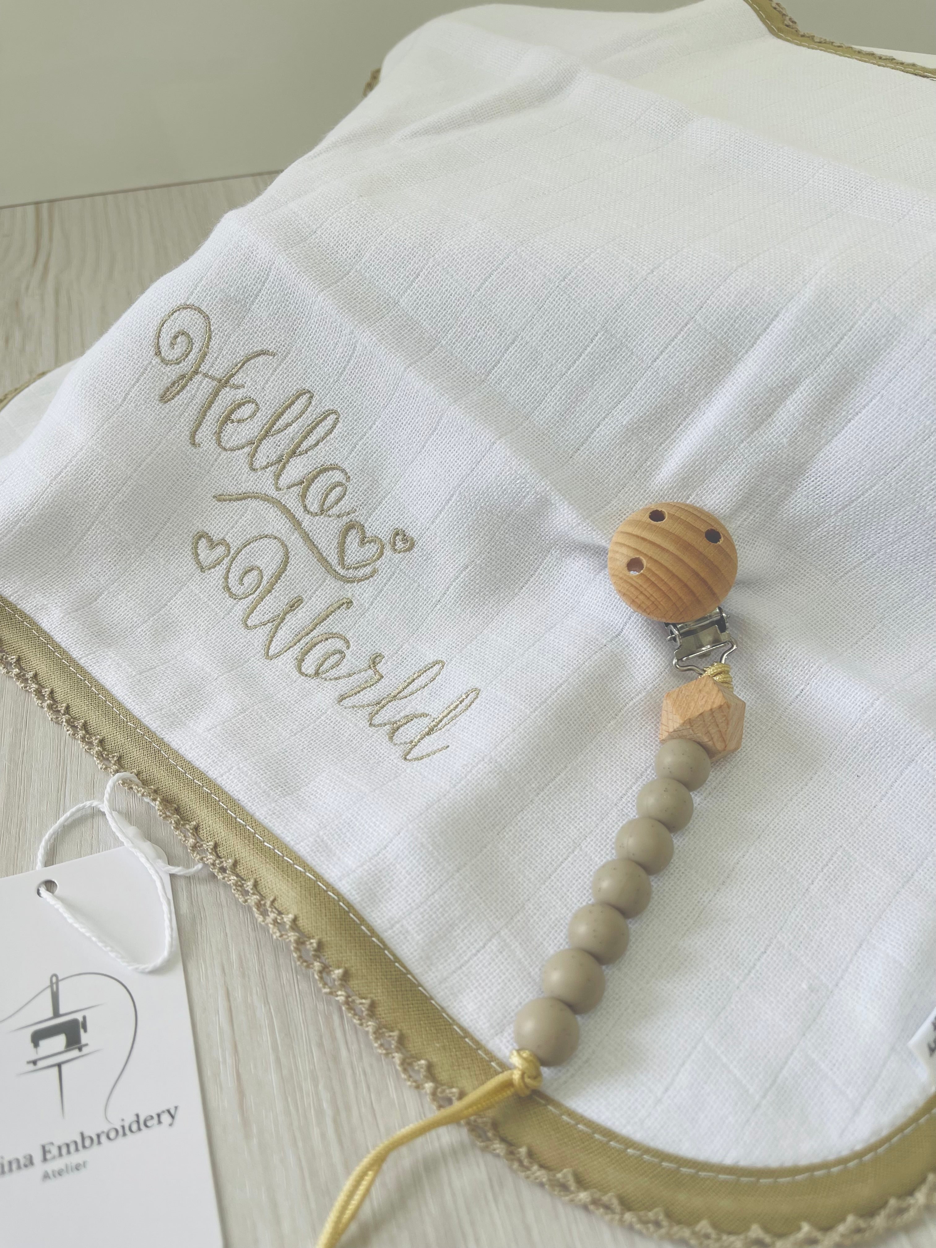 Pacifier Clip - “Hello World” Embroidered Burp Cloth - khaki