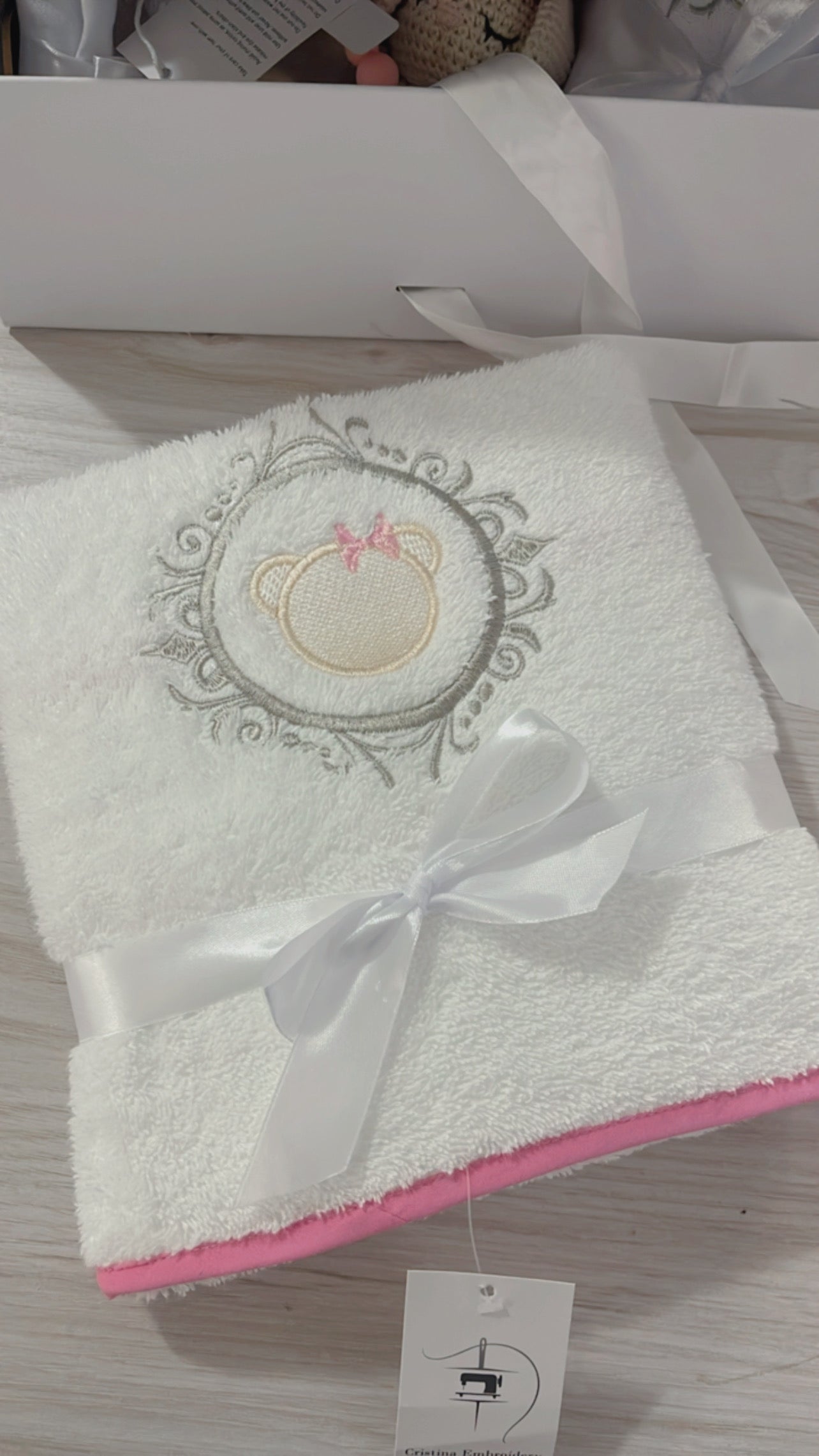 Embroidered Baby Girl Gift Box – Handcrafted Hamper with 7 Essentials - Frame Head Teddy Bear