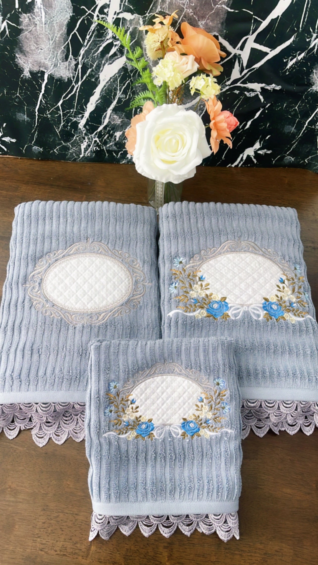 Blue Grey with Floral Frame | Luxury Embroidered Towel Set - 3 Piece