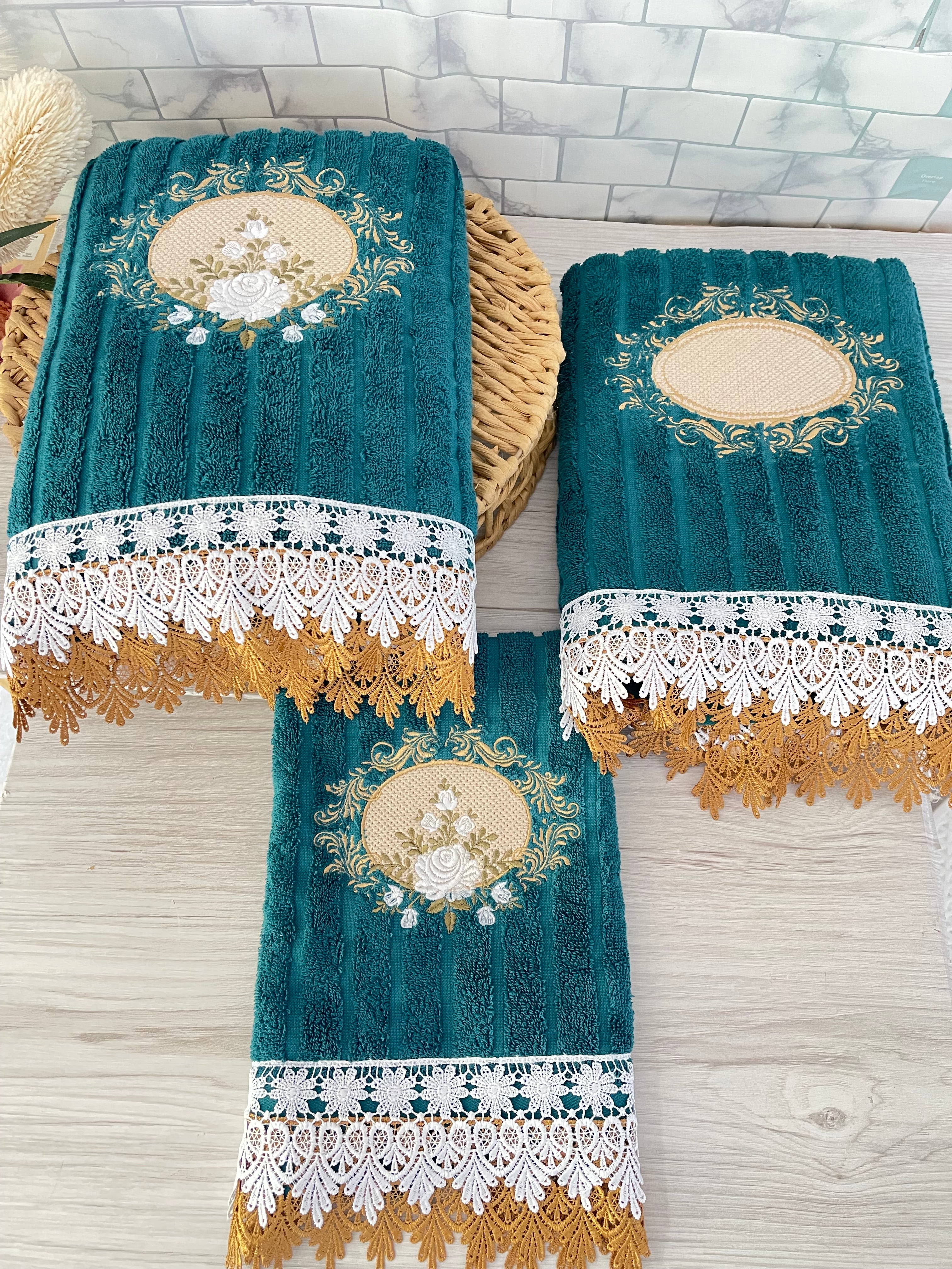 Turquoise Green Embroidery Bath Towel Set 3 pc