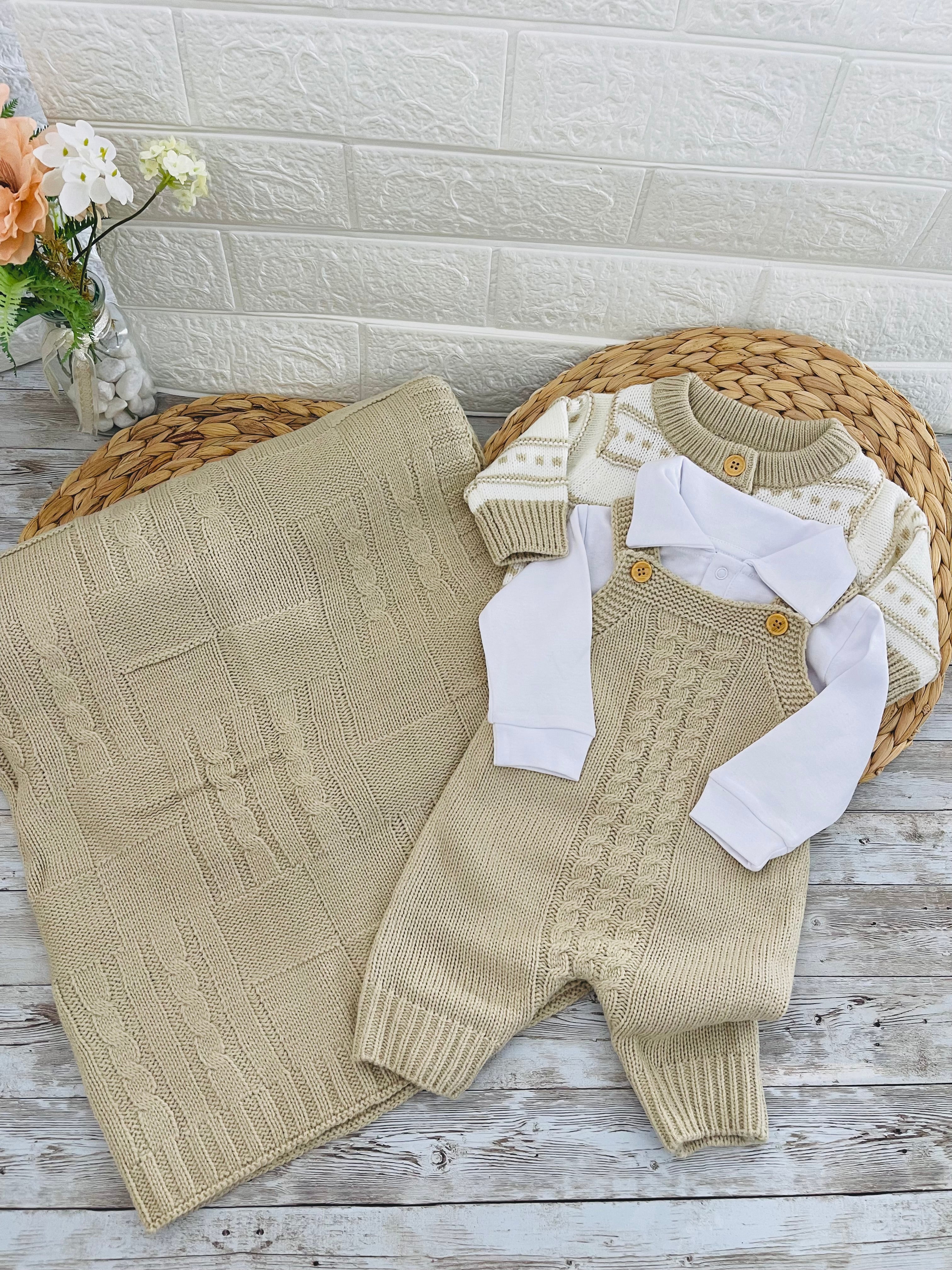 Beige - Knitted Baby Boy Outfit – 4 Piece Set - Cardigan