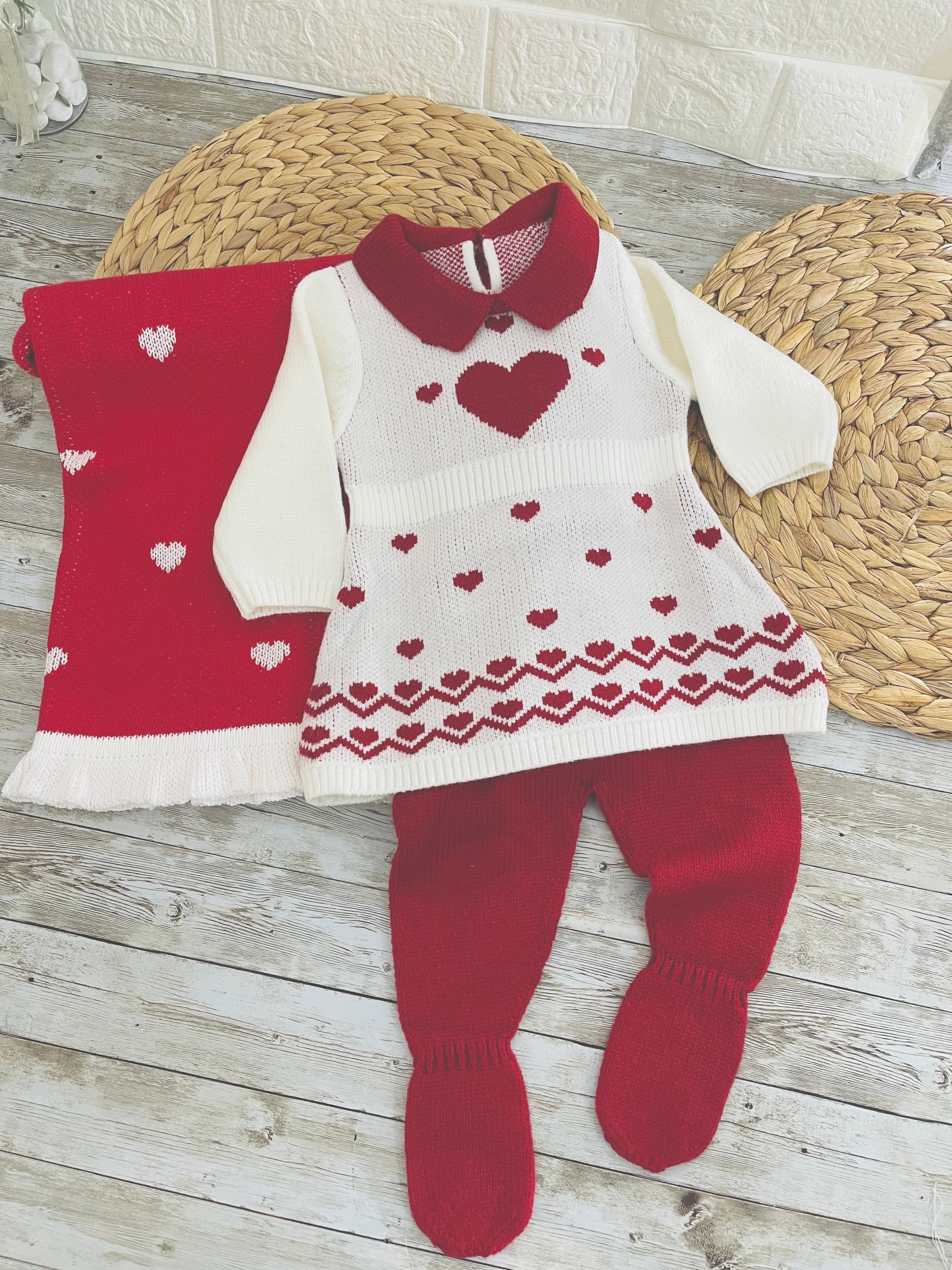 White/Red - Dress Style Design Knitted Baby Coming Home Outfit For Girl –3 Piece Set (0-3months)
