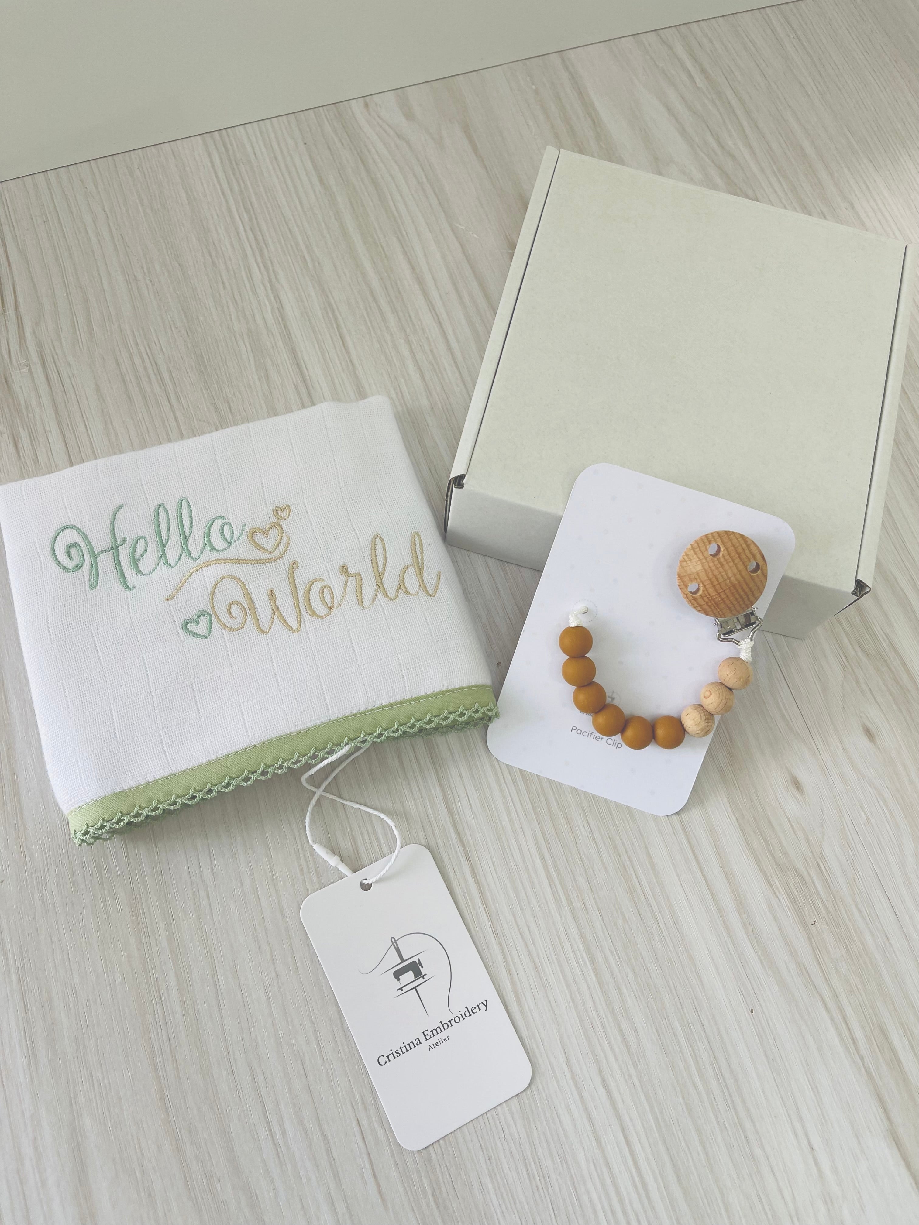 Pacifier Clip - “Hello World” Embroidered Burp Cloth- Green