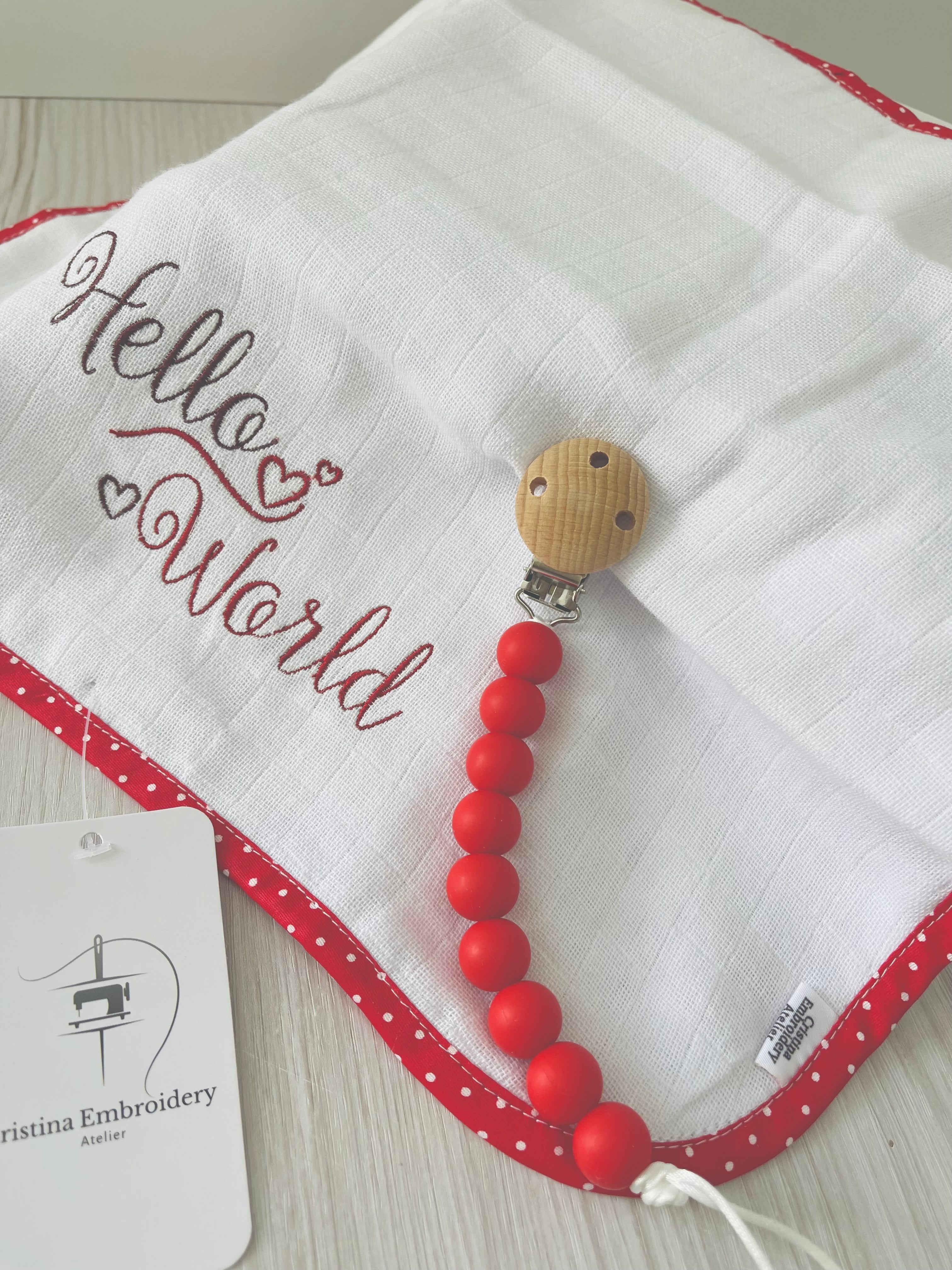 Pacifier Clip - “Hello World” Embroidered Burp Cloth - Red