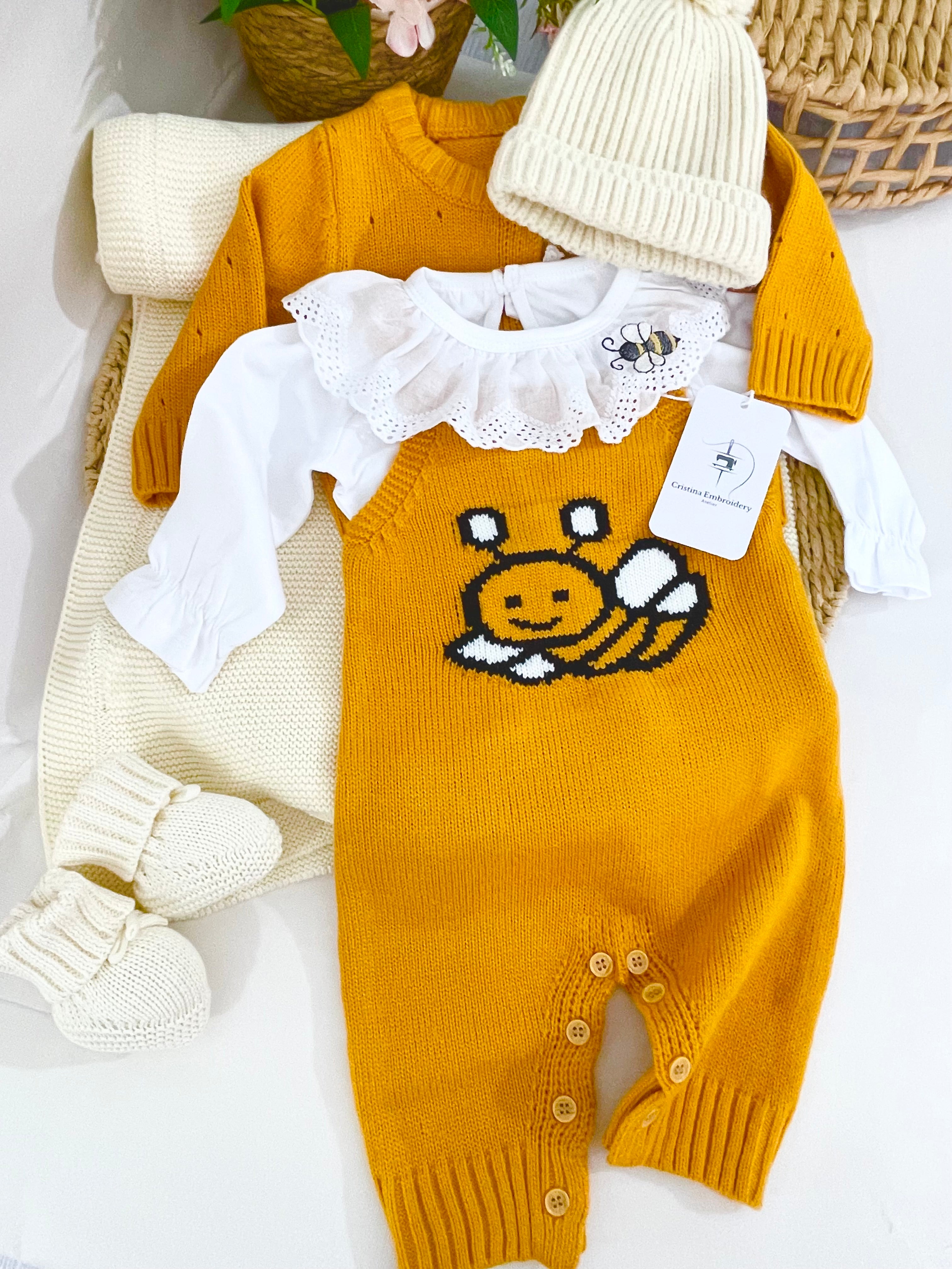 Baby Girl Outfit – Mustard Bee Knit Set 0-3 Months | 6 pcs