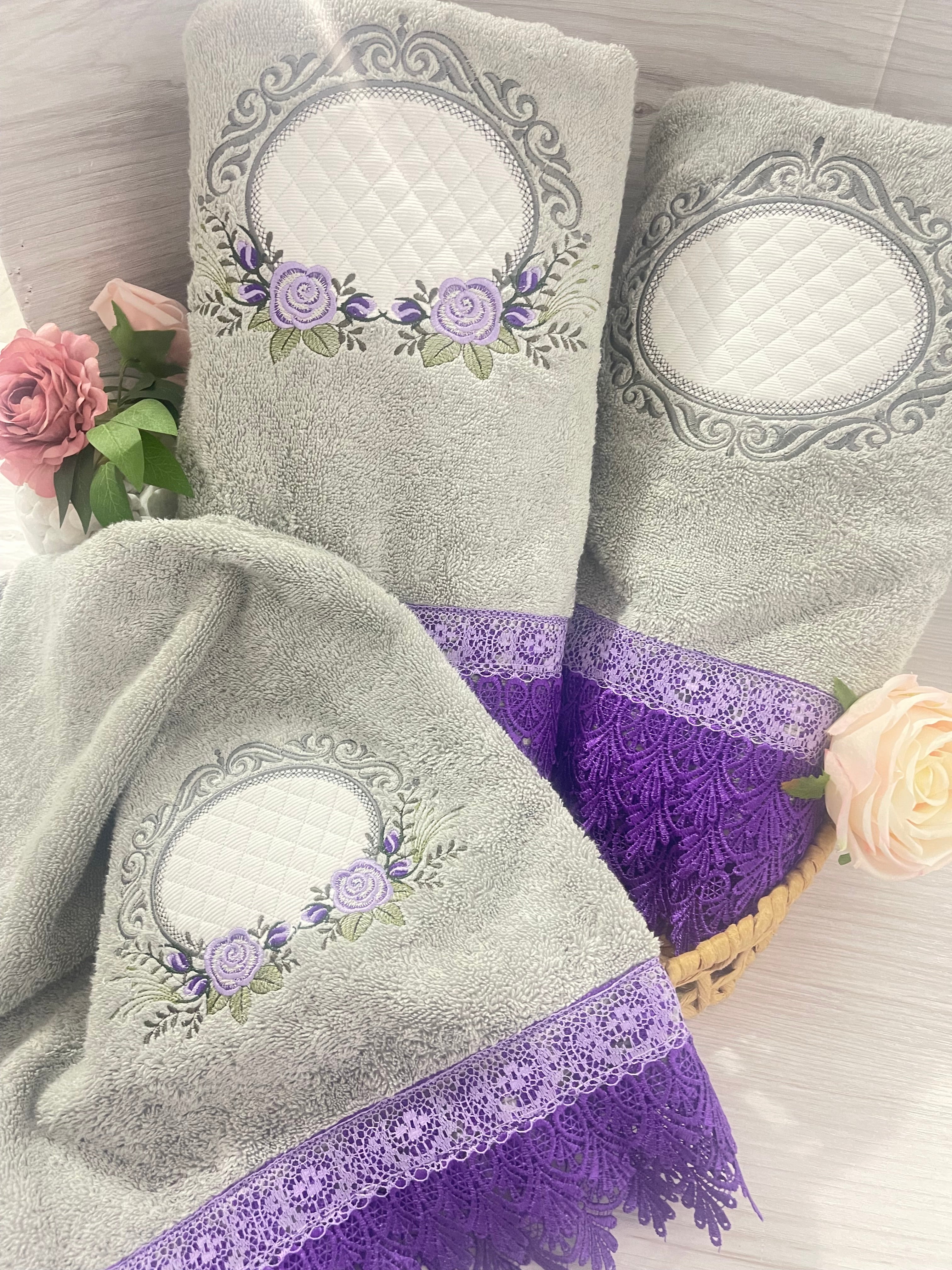 Grey Embroidery Bath Towel Set 3 pcs - Guipire Purple Double