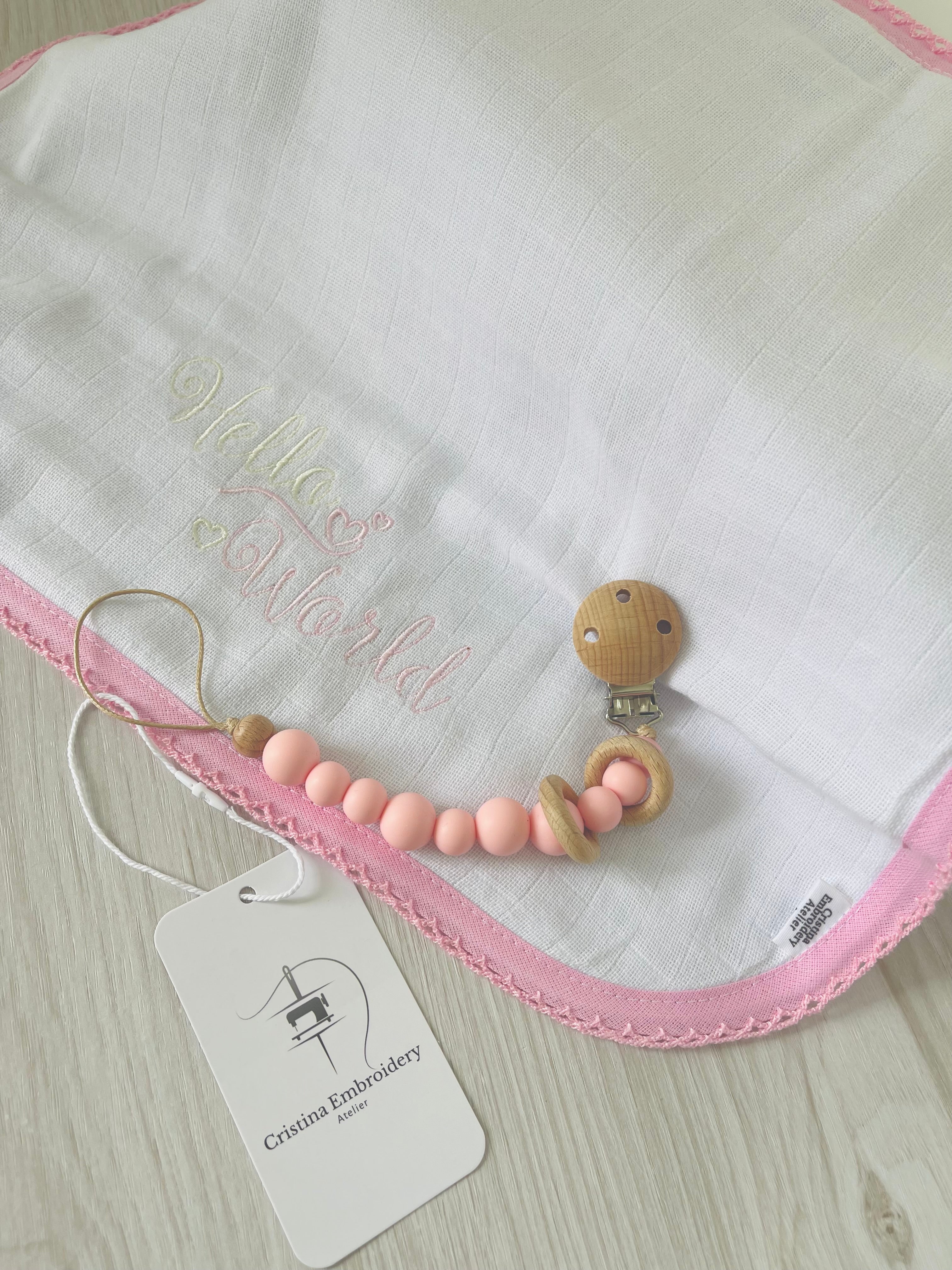 Pacifier Clip - “Hello World” Embroidered Burp Cloth - Baby Pink