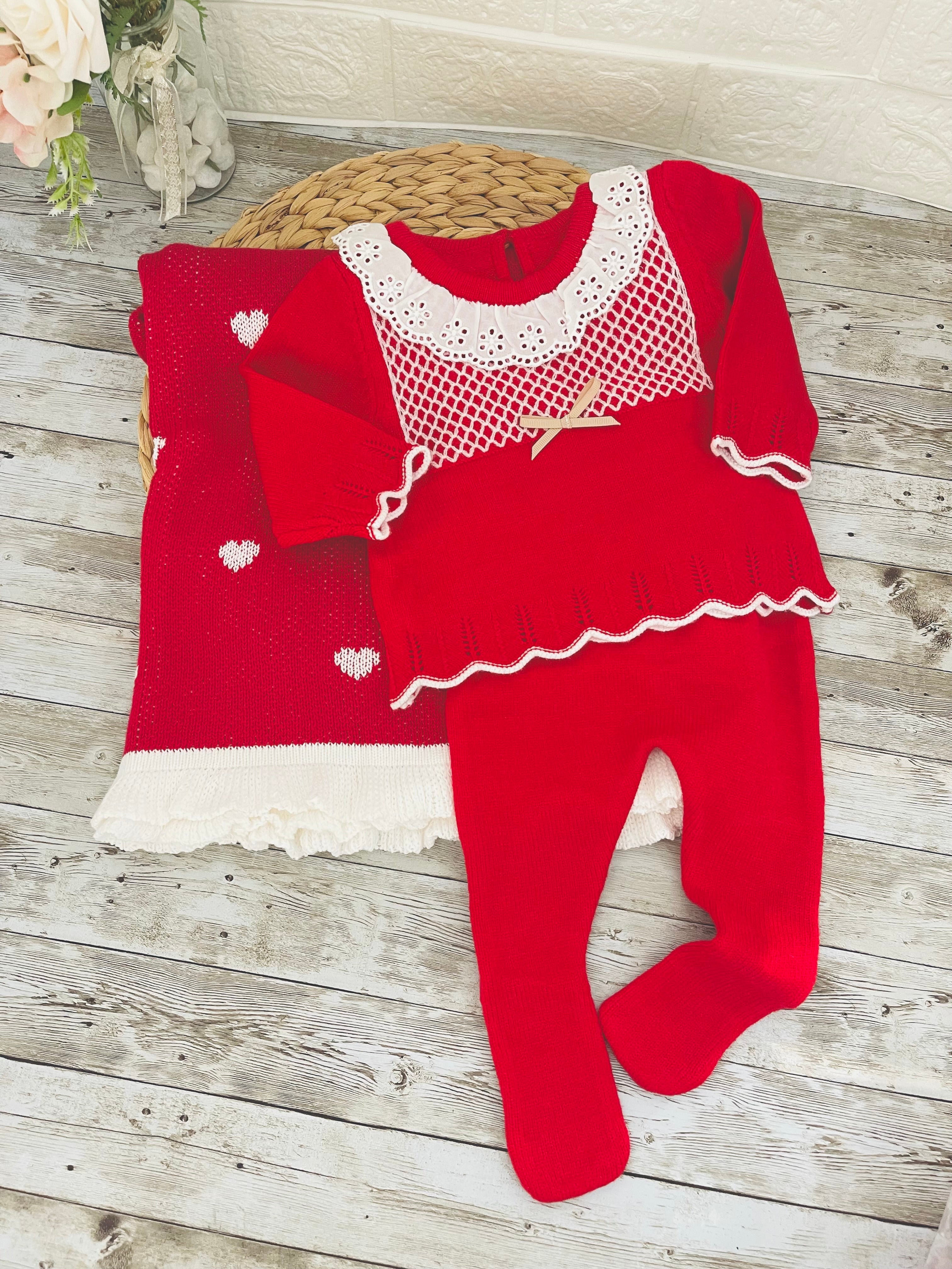 Red - Baby knitted set with 3 pieces: Blouse with sleeves and lace collar – pants and blanket (0-3 months) (Copy)
