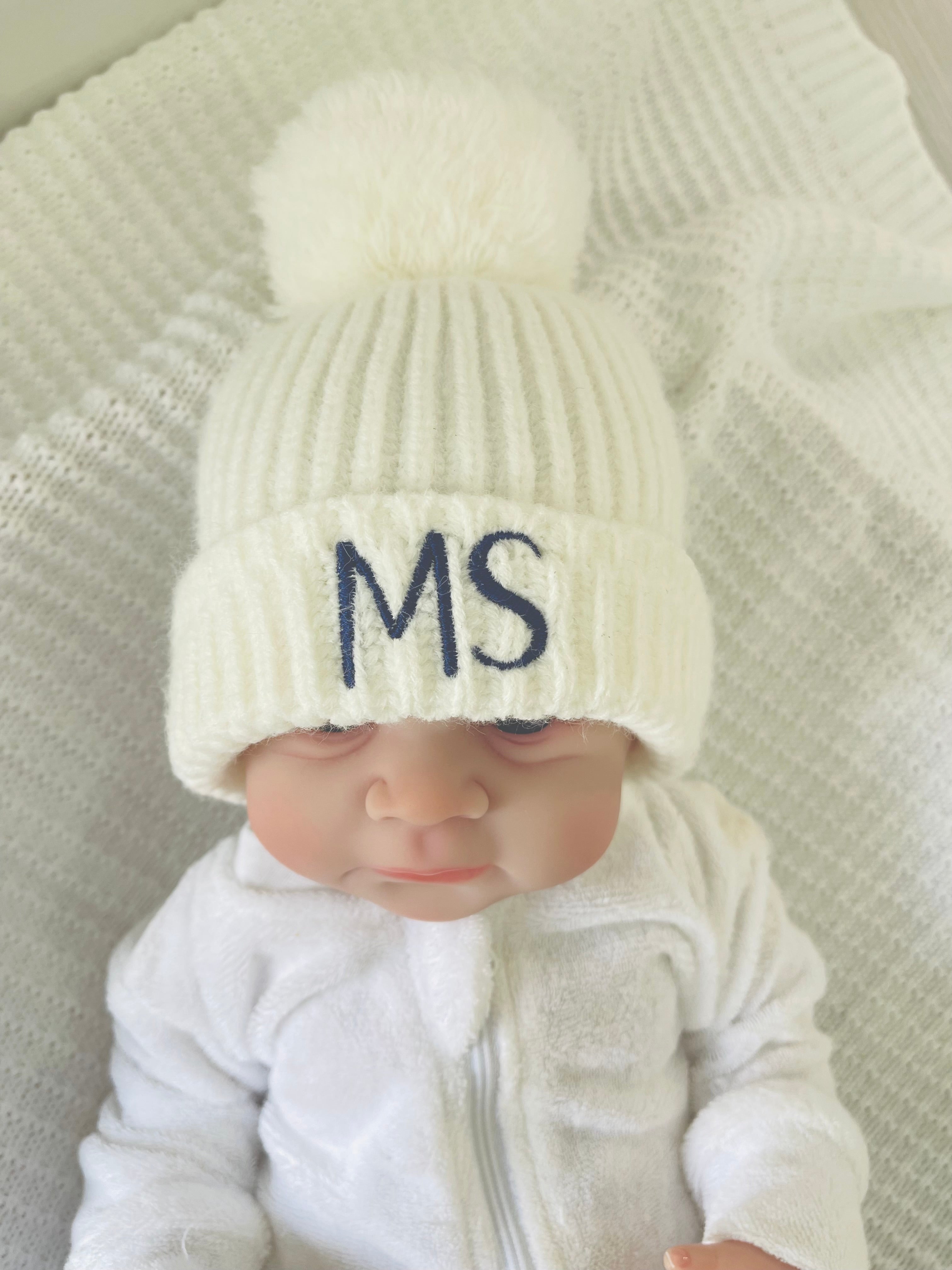 Baby Beanies Knitted with Pom Pom – Autumn & Winter ( Name Personalisation Available – Embroidered)