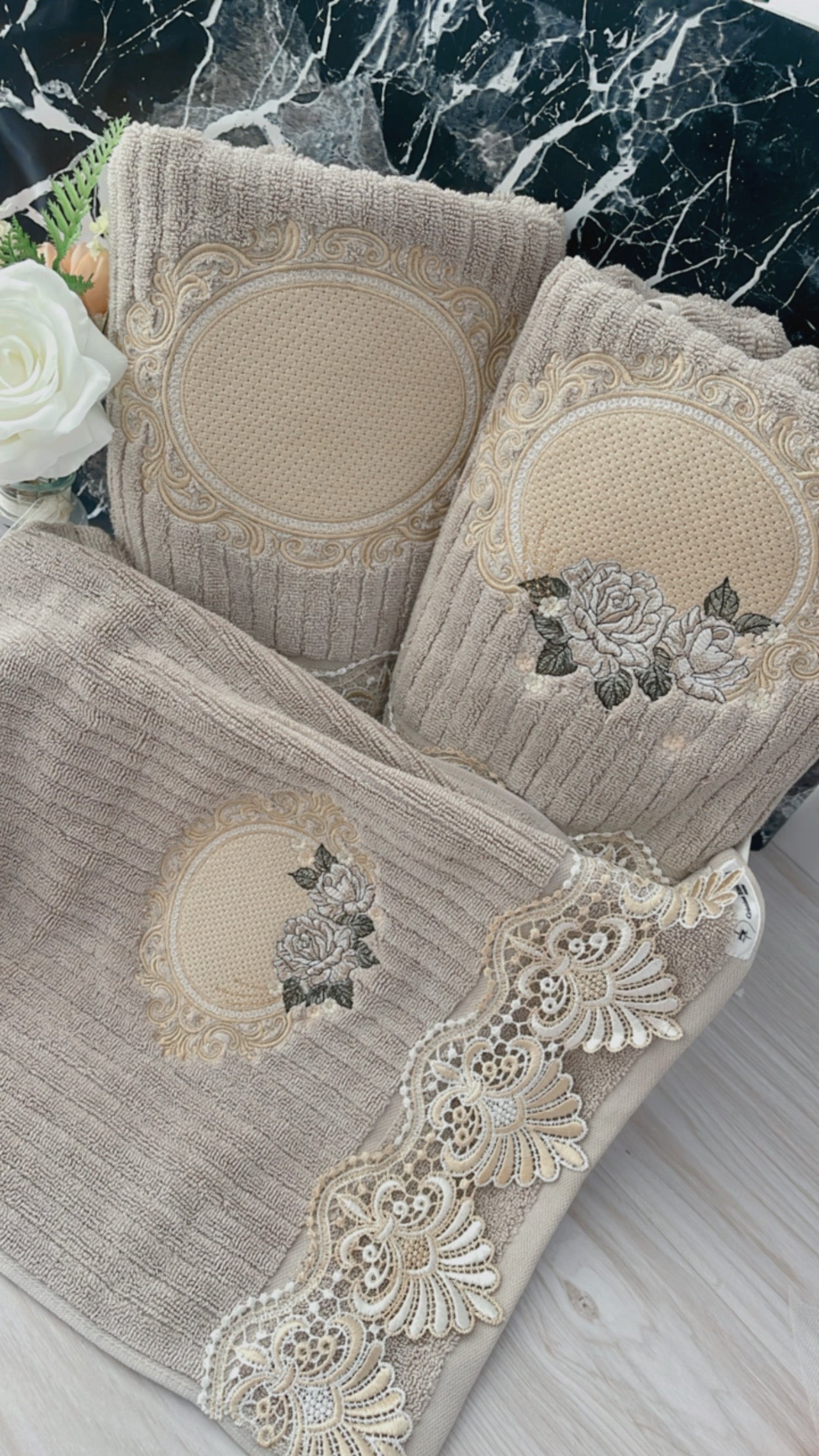 Embroidery Bath Towel Set - Luxury Beige Taupe & White - 3 pcs