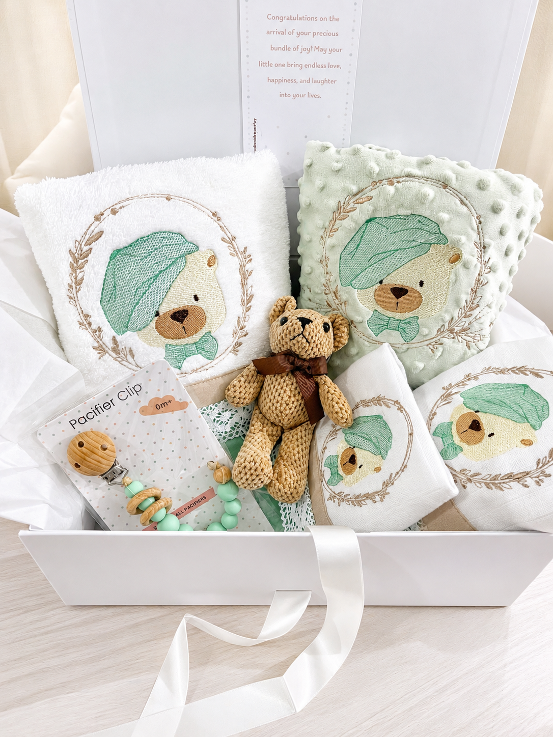 Sage Green -  Baby Gift Box Boy/     Teddy Bear with Beret - 6 items