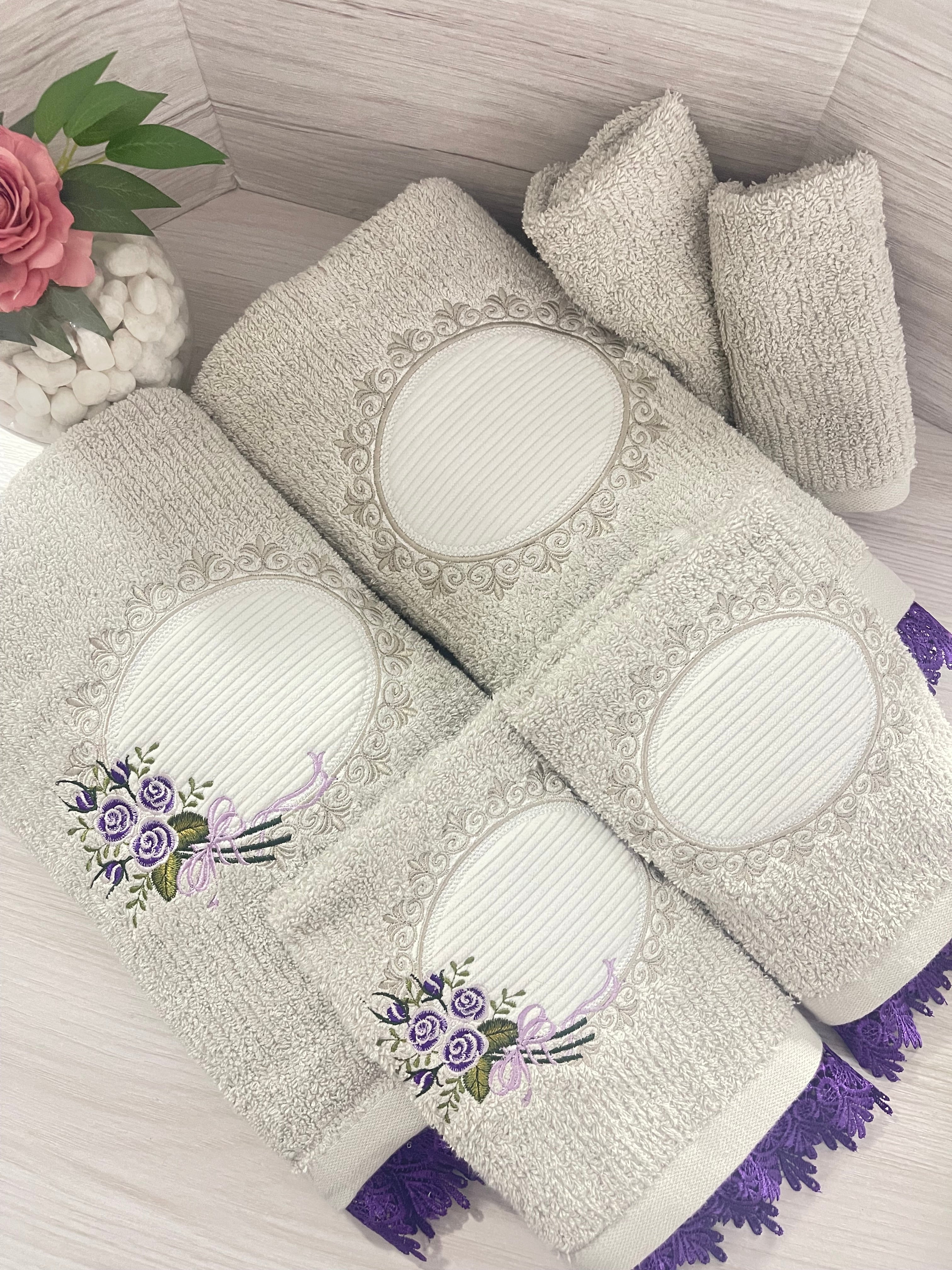 Light Grey Embroidery Bath Towel Set-6pcs