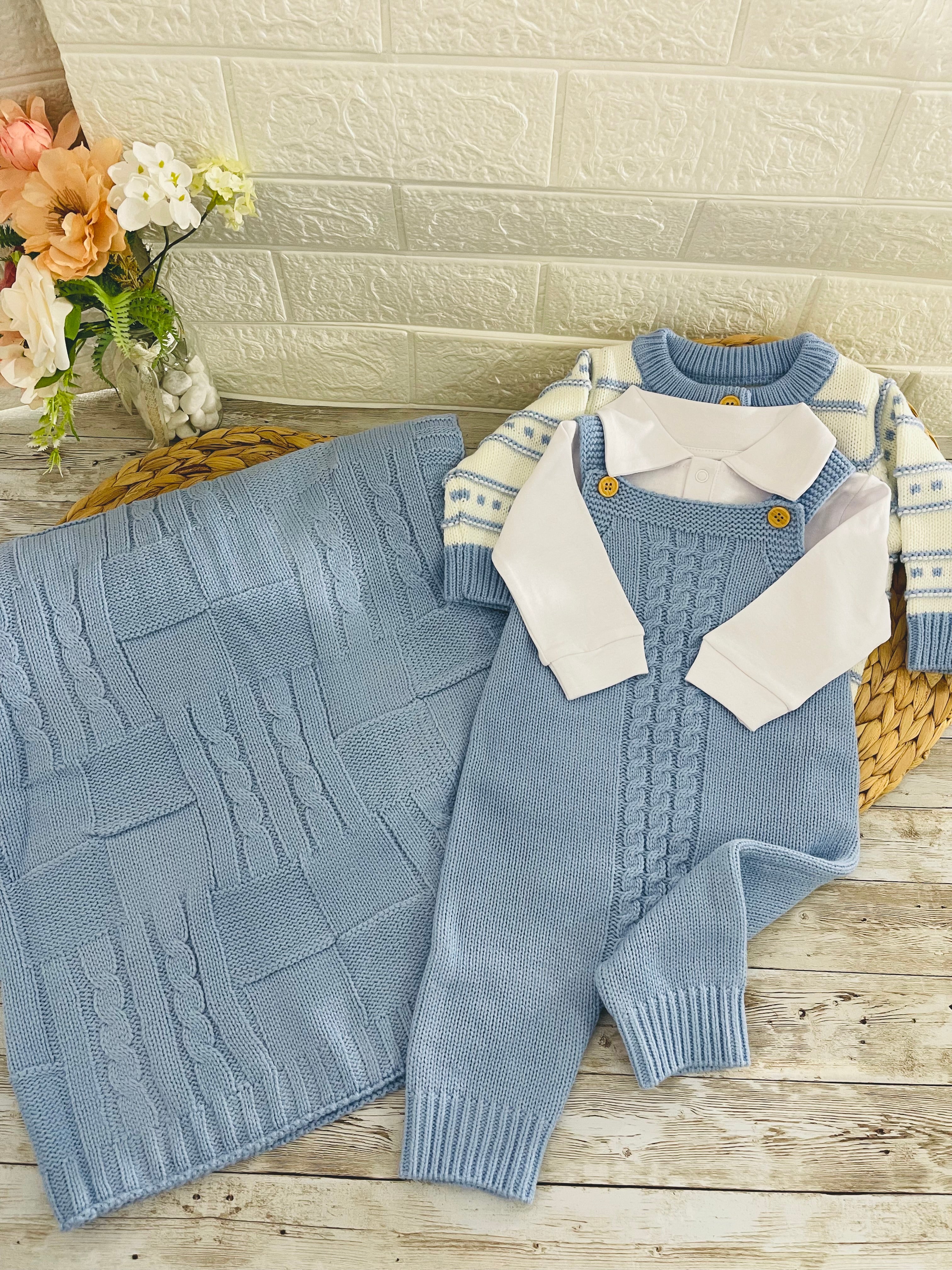 Baby Blue - Knitted Baby Boy Outfit – 4 Piece Set - Cardigan