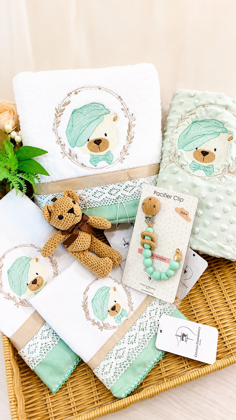 Sage Green -  Baby Gift Box Boy/     Teddy Bear with Beret - 6 items