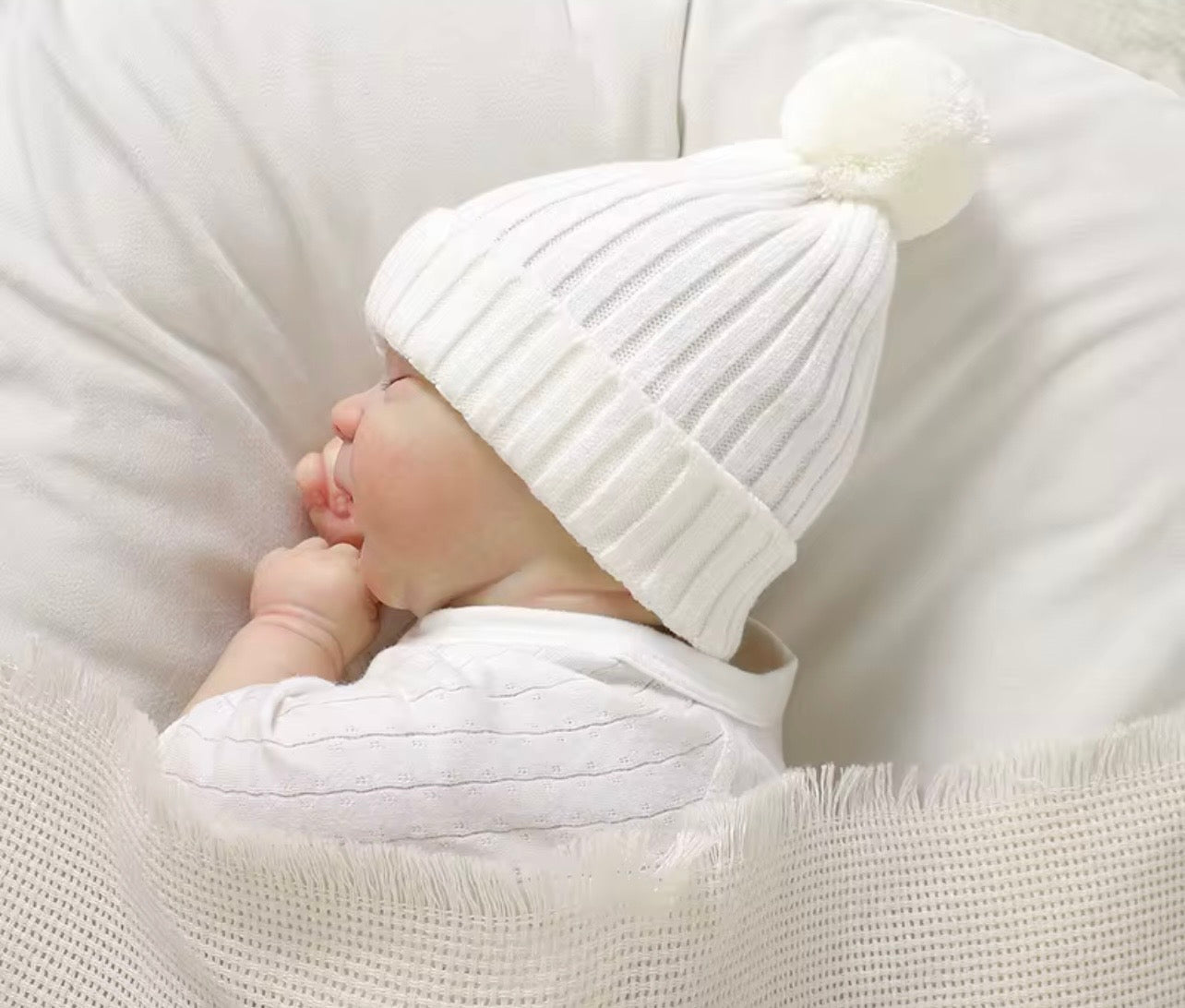 Baby Beanies Knitted with Pom Pom – Autumn & Winter ( Name Personalisation Available – Embroidered)