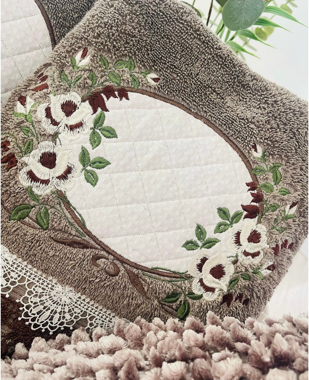 Charcoal Brown Embroidered Bath Towel Set