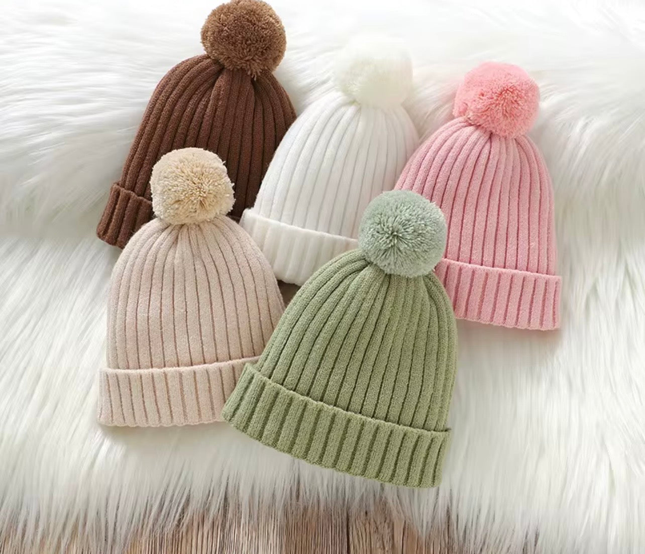 Baby Beanies Knitted with Pom Pom – Autumn & Winter ( Name Personalisation Available – Embroidered)