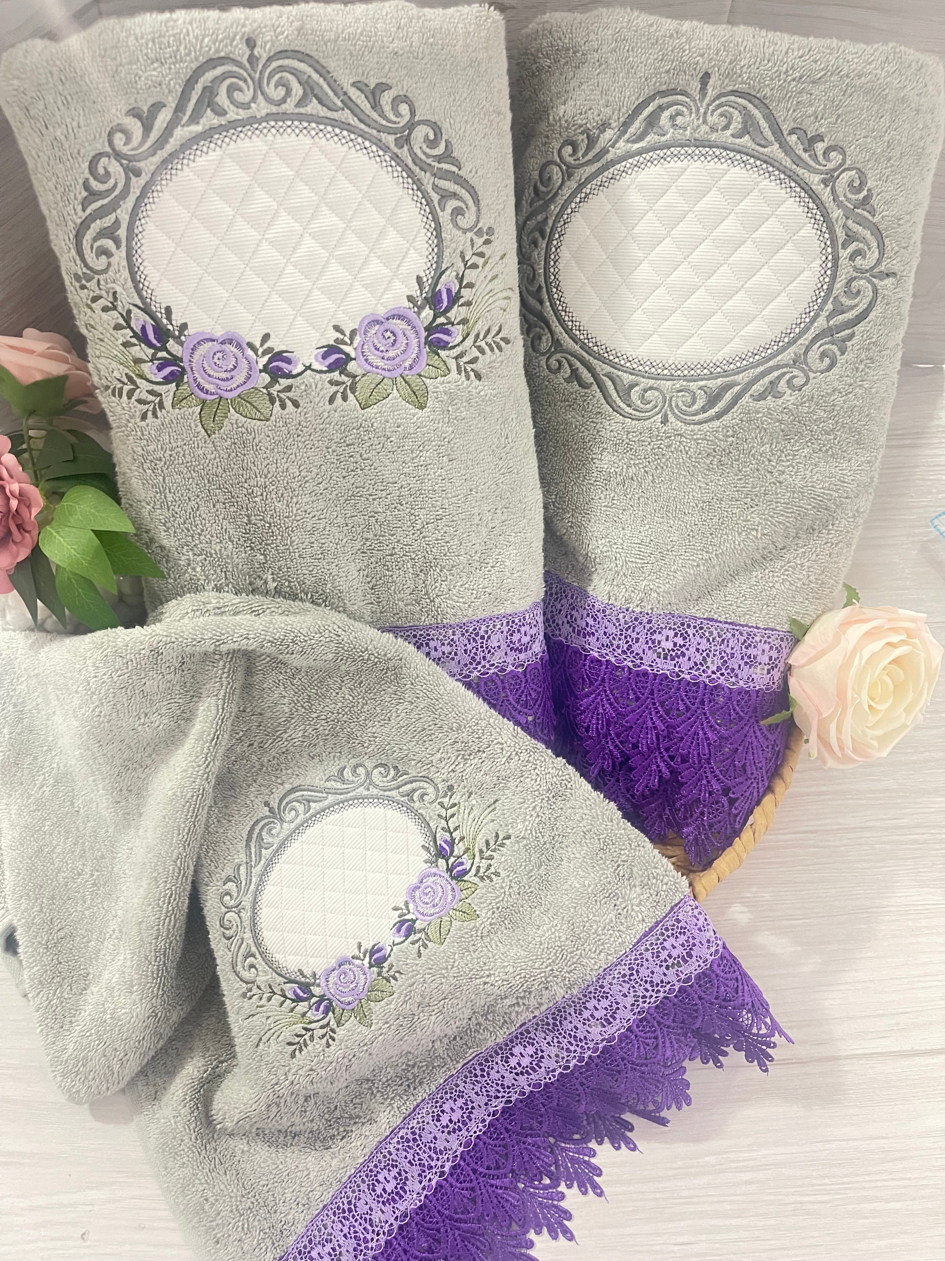 Grey Embroidery Bath Towel Set 3 pcs - Guipire Purple Double