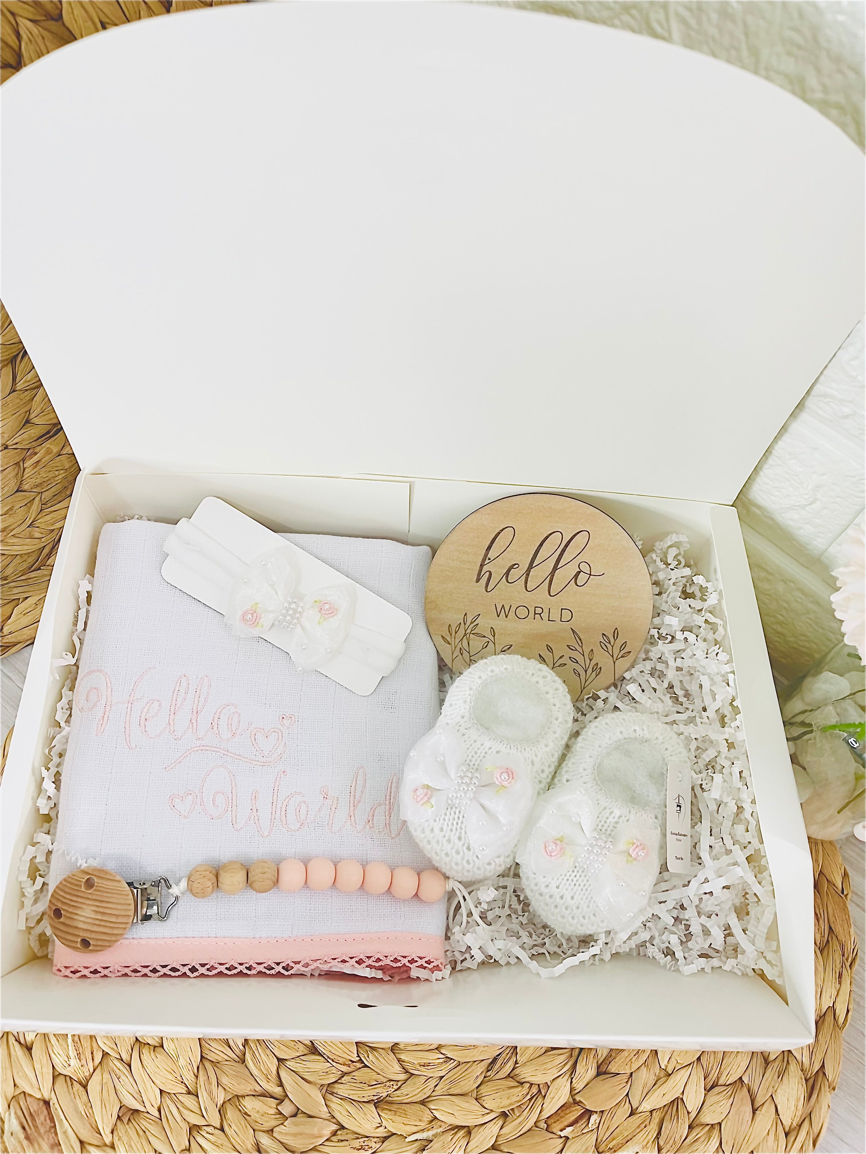 "Hello World" - Essential Gift Box – Baby Girl - Sweet Tulle Bow White/Light Pink