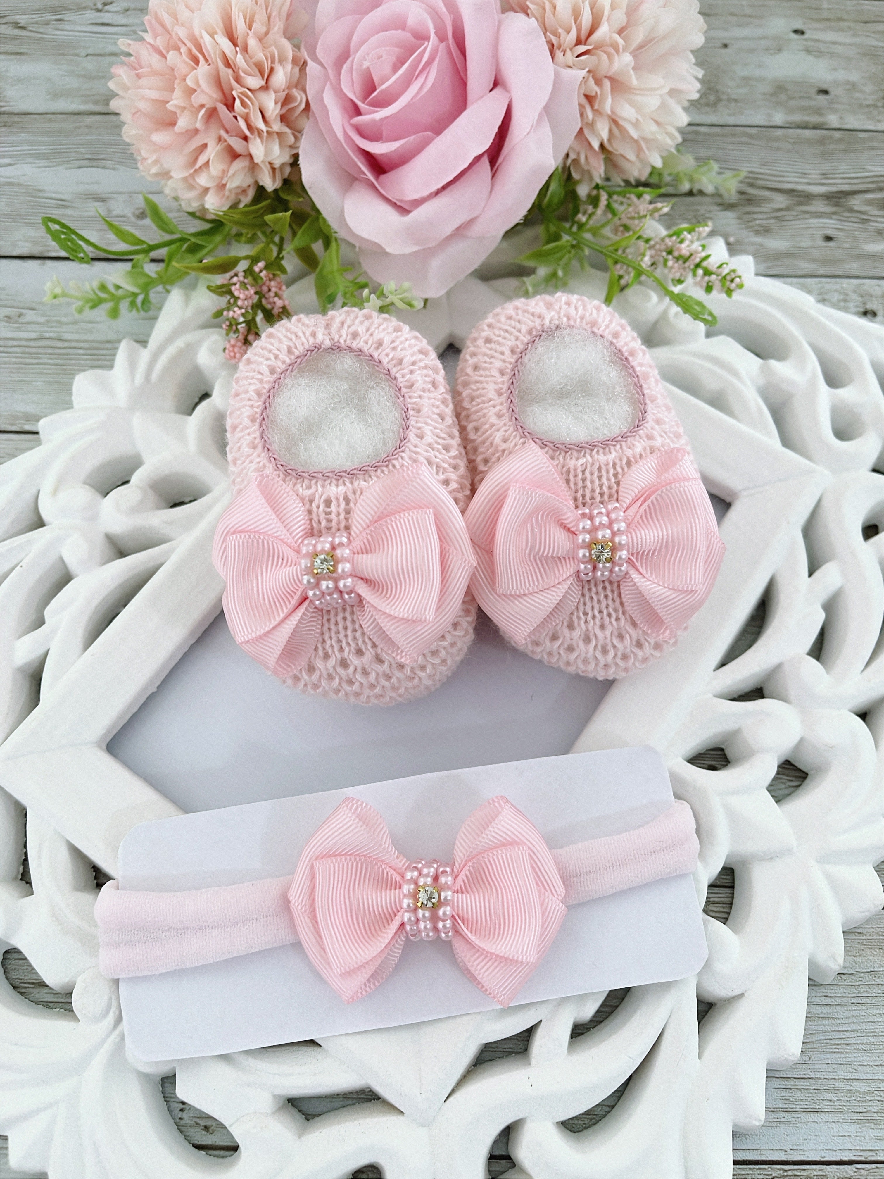 Crochet Booties – Handmade Baby Shoes Purple Ribbon Lace - Headband