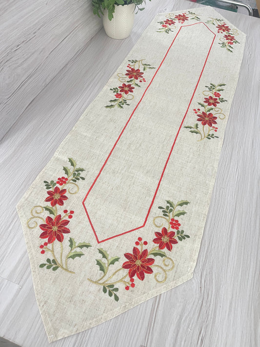 Table Runner Triangular End  - Embroidery Christmas Flowers (40cmx1.50cm)