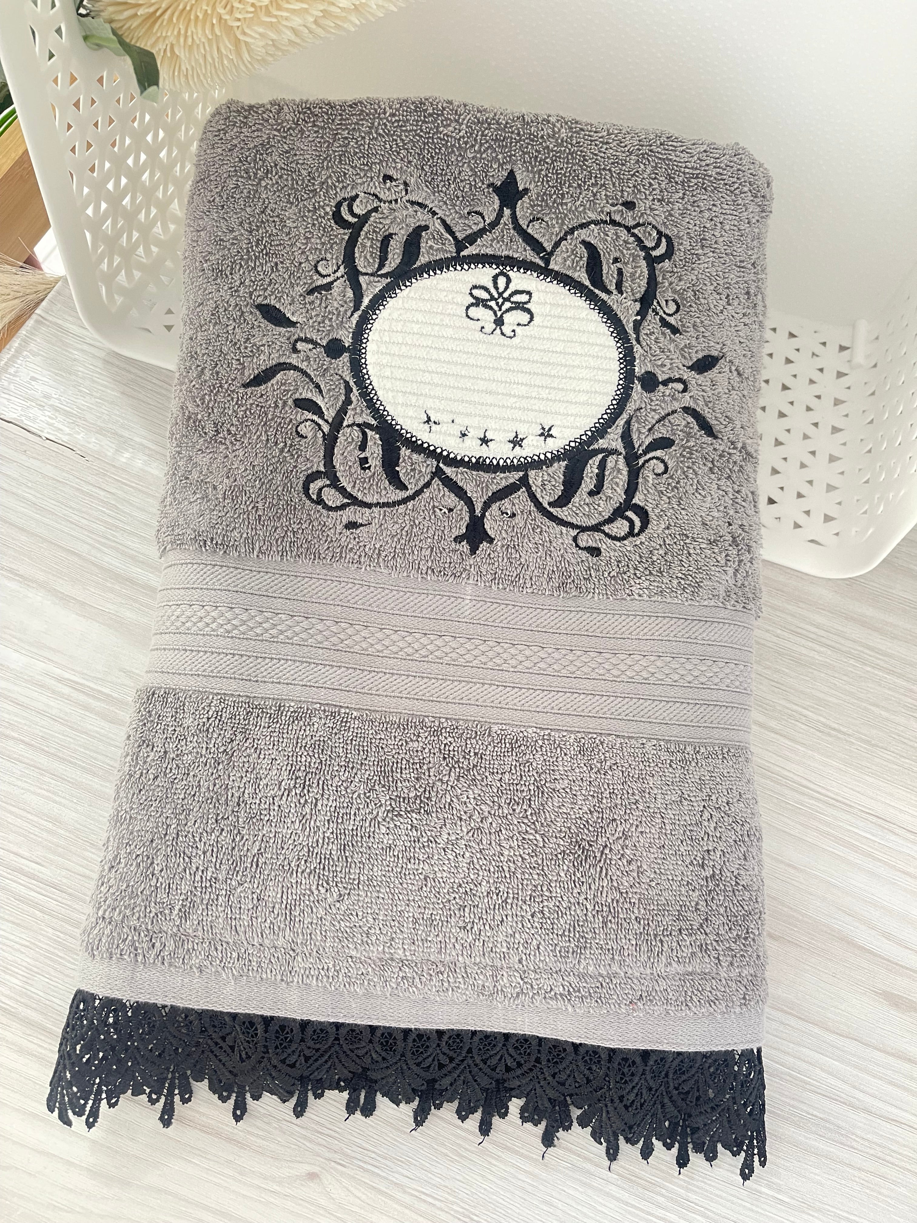 Embroidery Bath Towel Grey and Black
