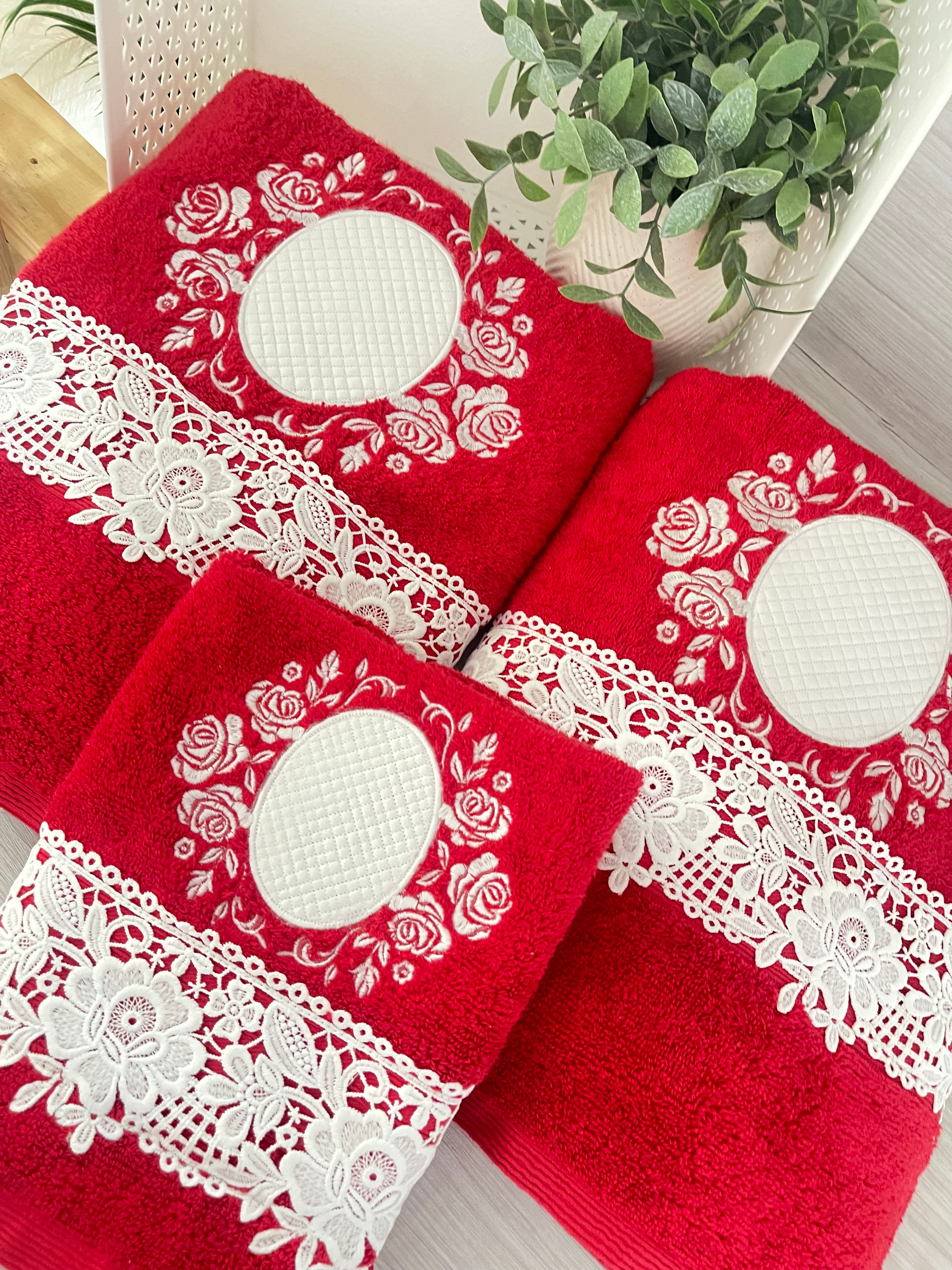 Embroidery Red Bath Towel Set