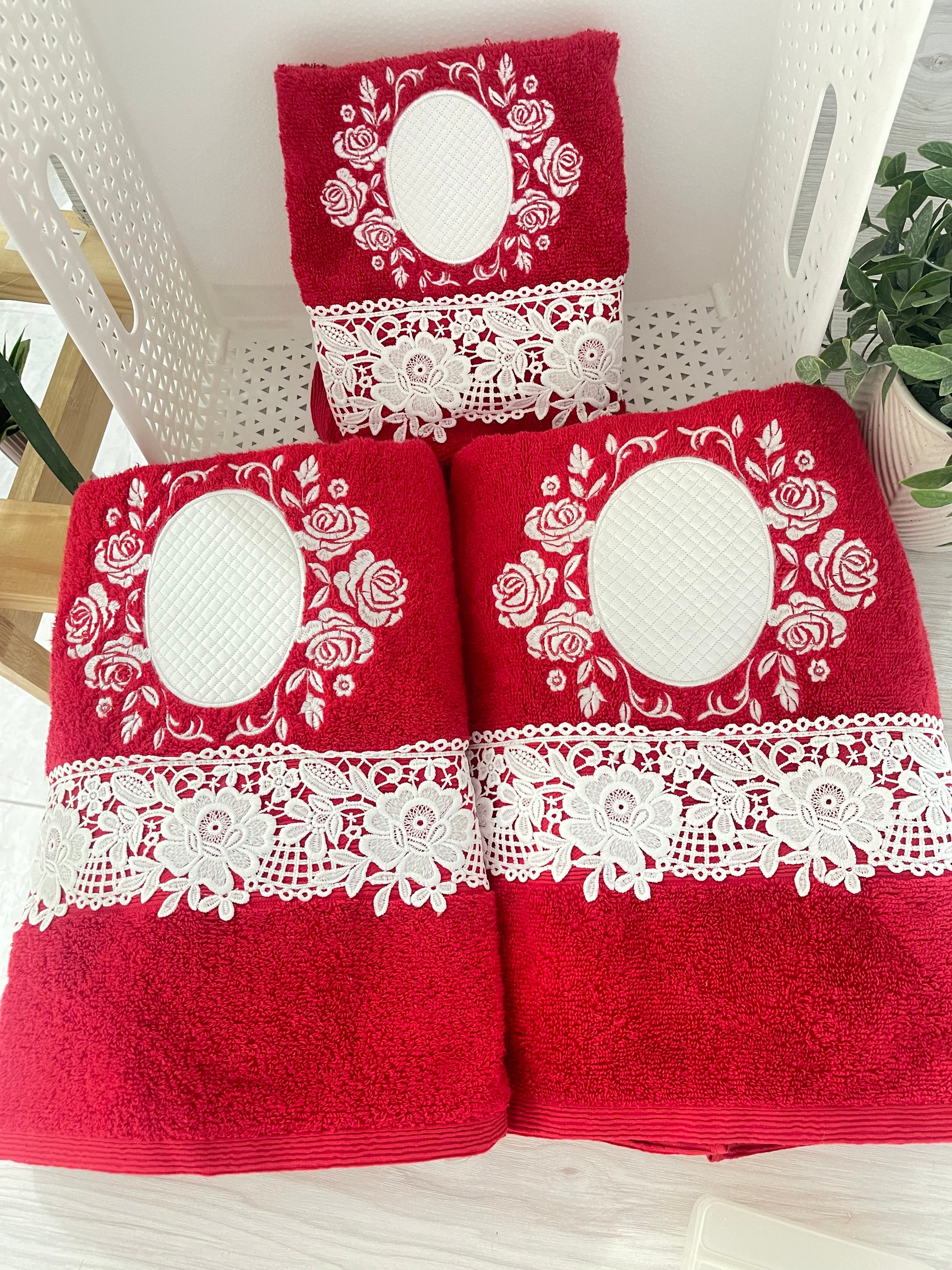 Embroidery Red Bath Towel Set
