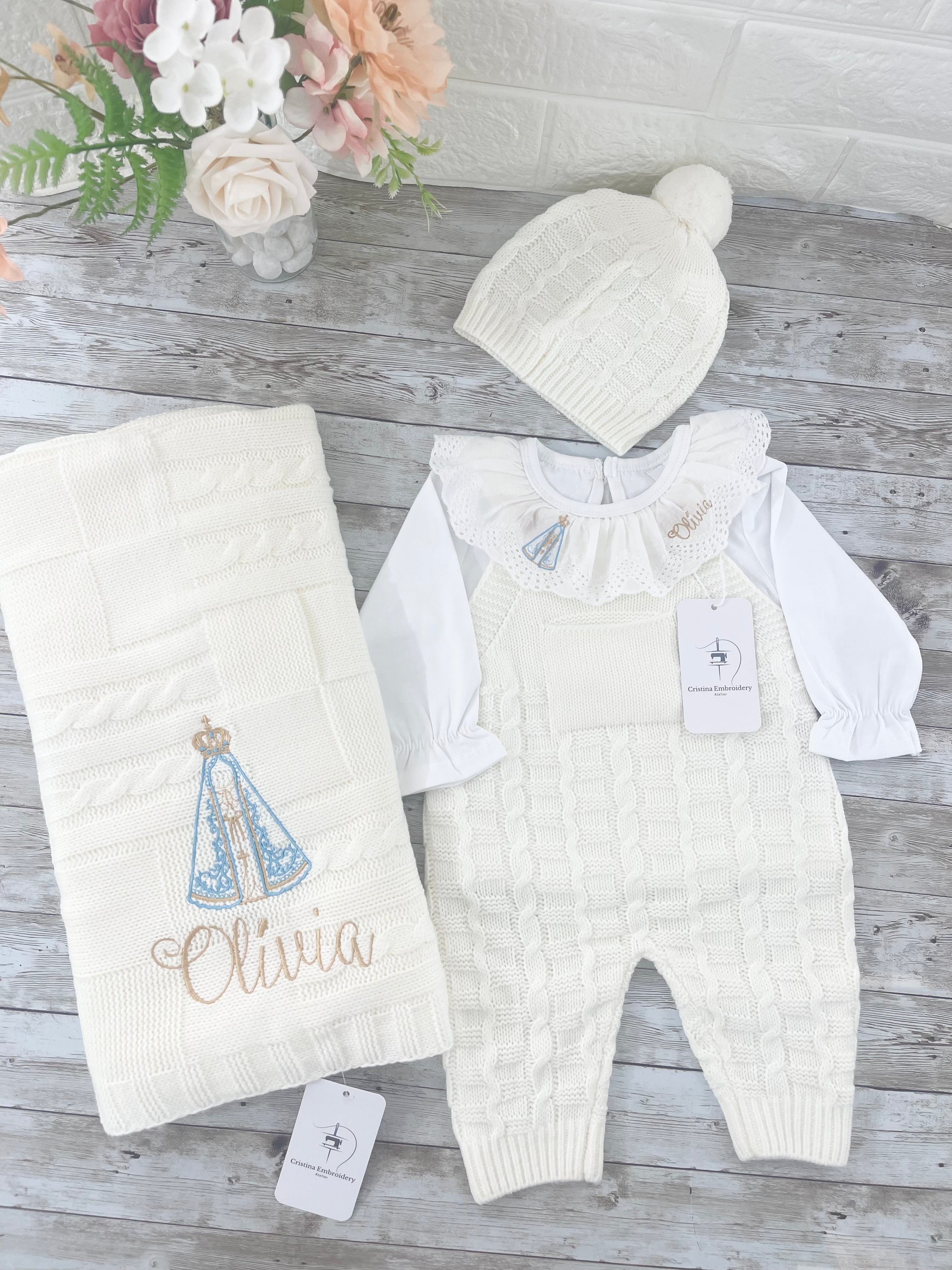 Luxury White Knitted Baby Set – 4 Piece Newborn Outfit (0–3 Months)