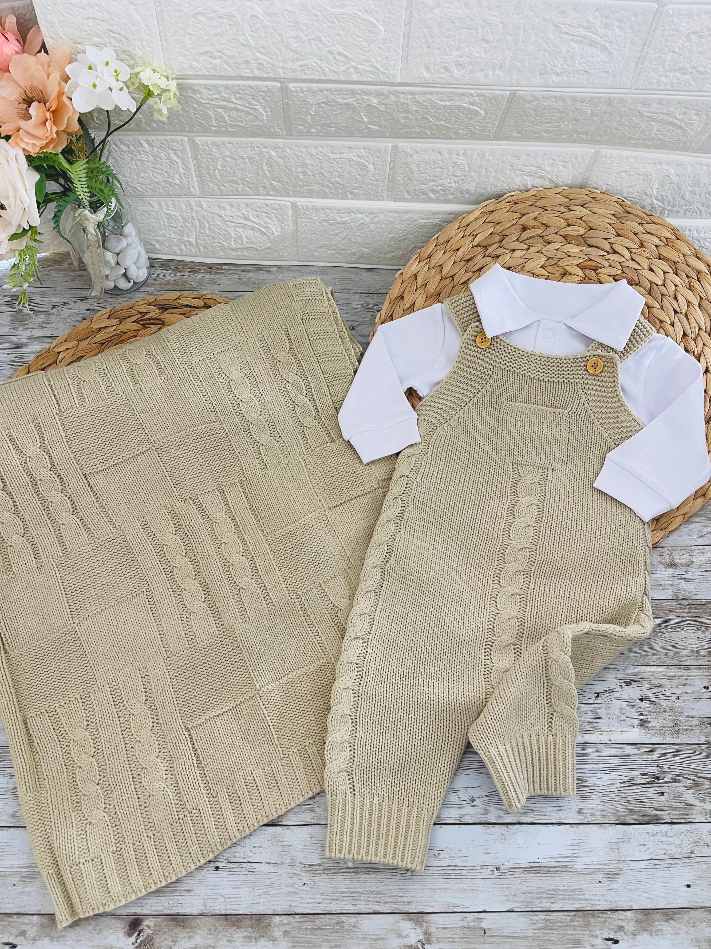 Beige - Knitted Baby Boy Outfit - Front Pocket (0-3 months) 3pcs