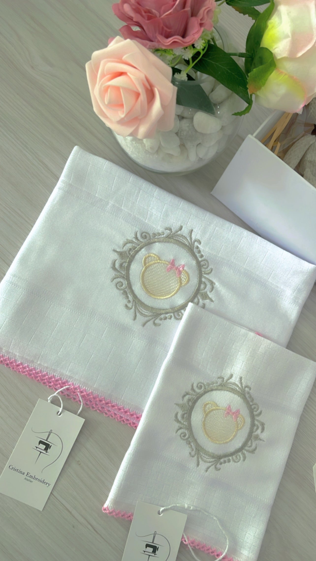 Embroidered Baby Girl Gift Box – Handcrafted Hamper with 7 Essentials - Frame Head Teddy Bear