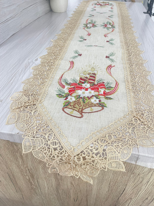 Table Runner – Christmas Candle Embroidered - Linen with Guipure Lace (40x180cm)