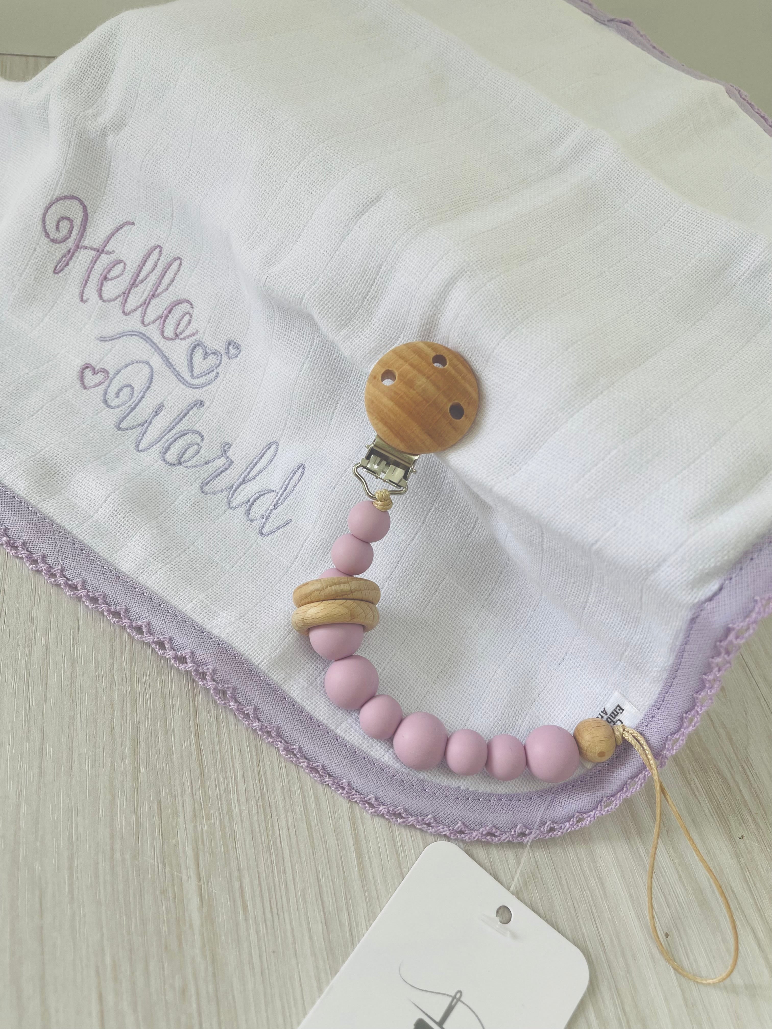 Pacifier Clip - “Hello World” Embroidered Burp Cloth - Purple
