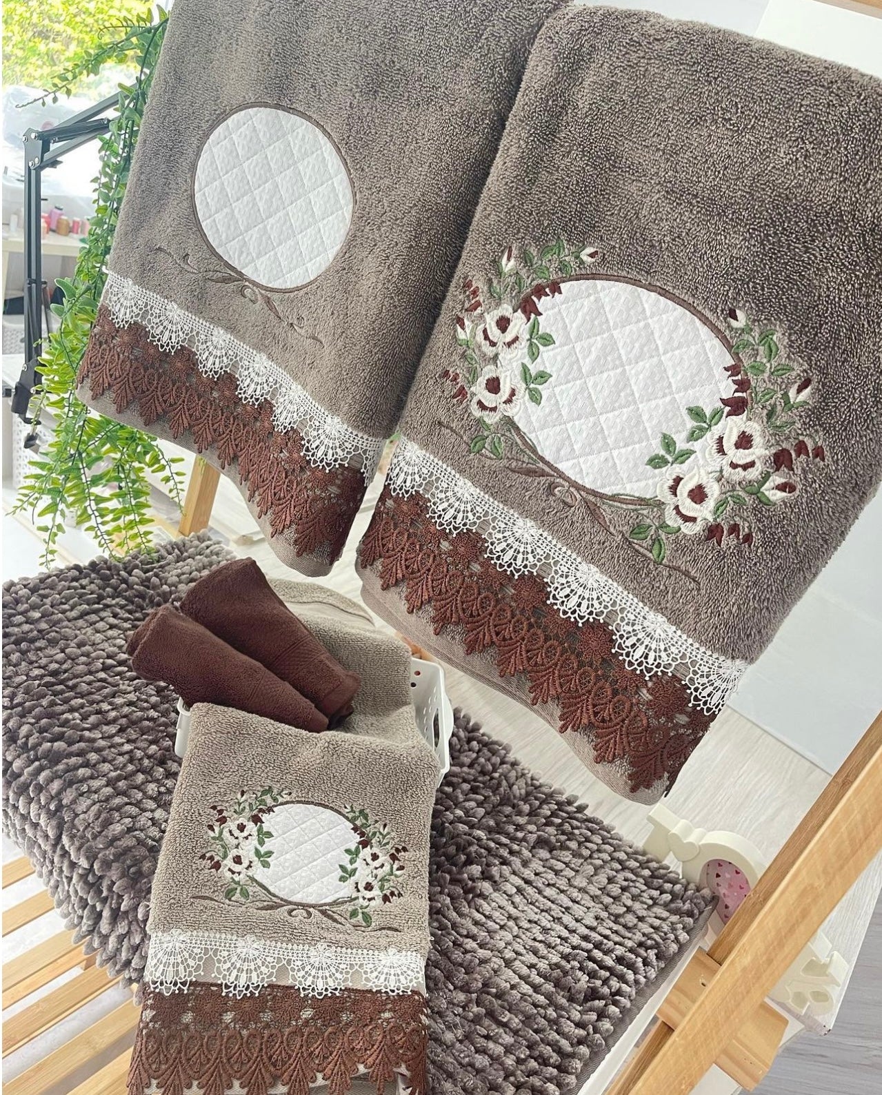 Charcoal Brown Embroidered Bath Towel Set