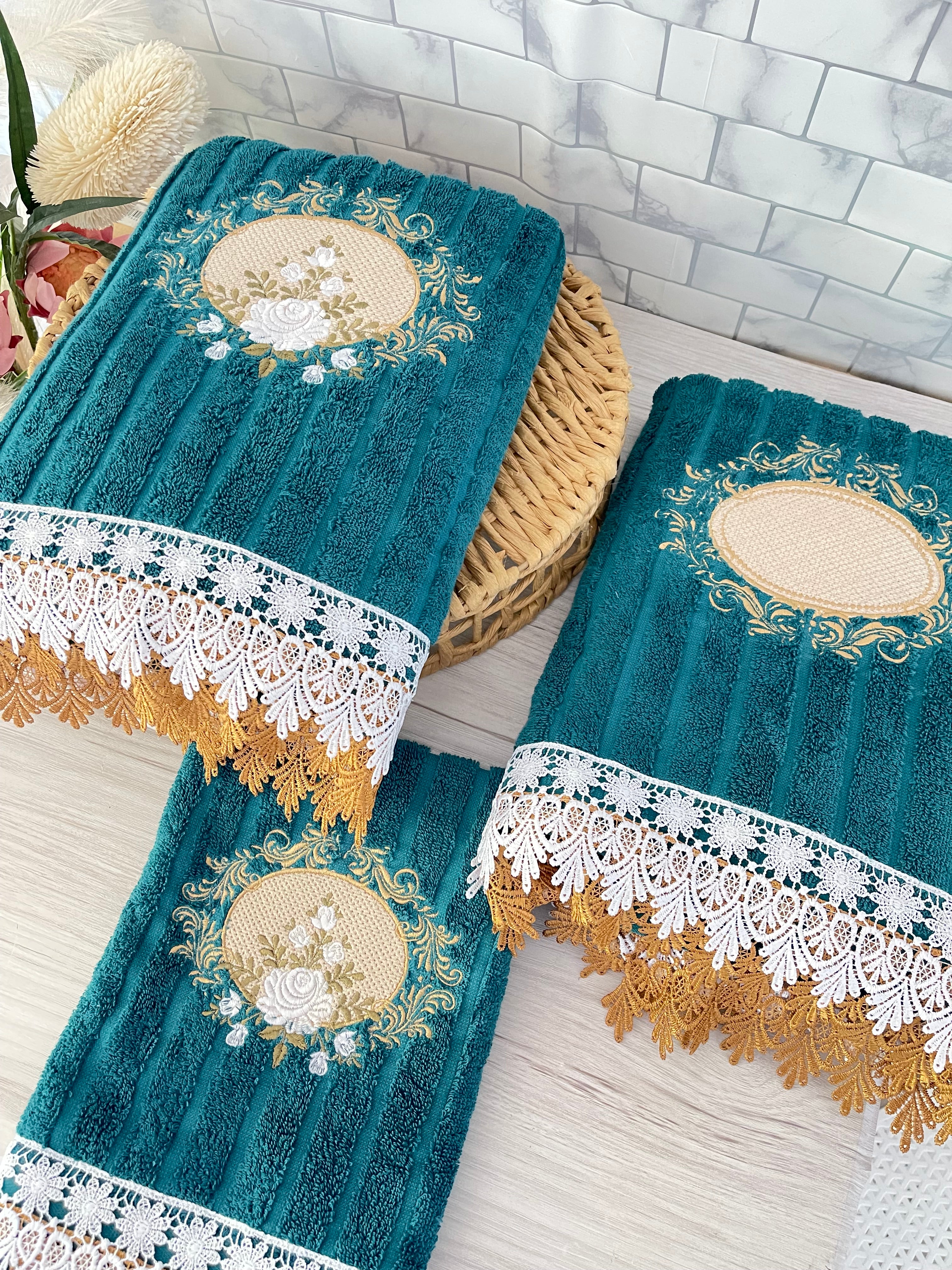 Turquoise Green Embroidery Bath Towel Set 3 pc
