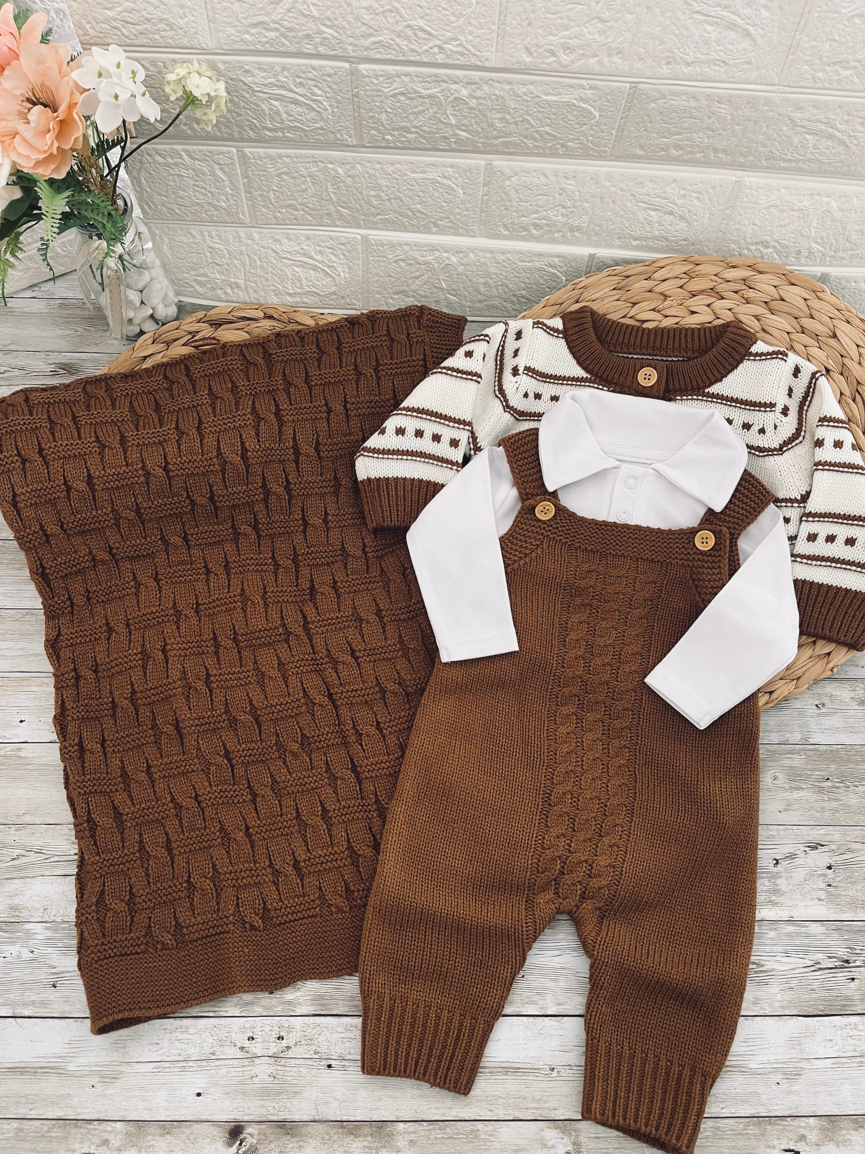 Brown - Knitted Baby Boy Outfit – 4 Piece Set - Cardigan