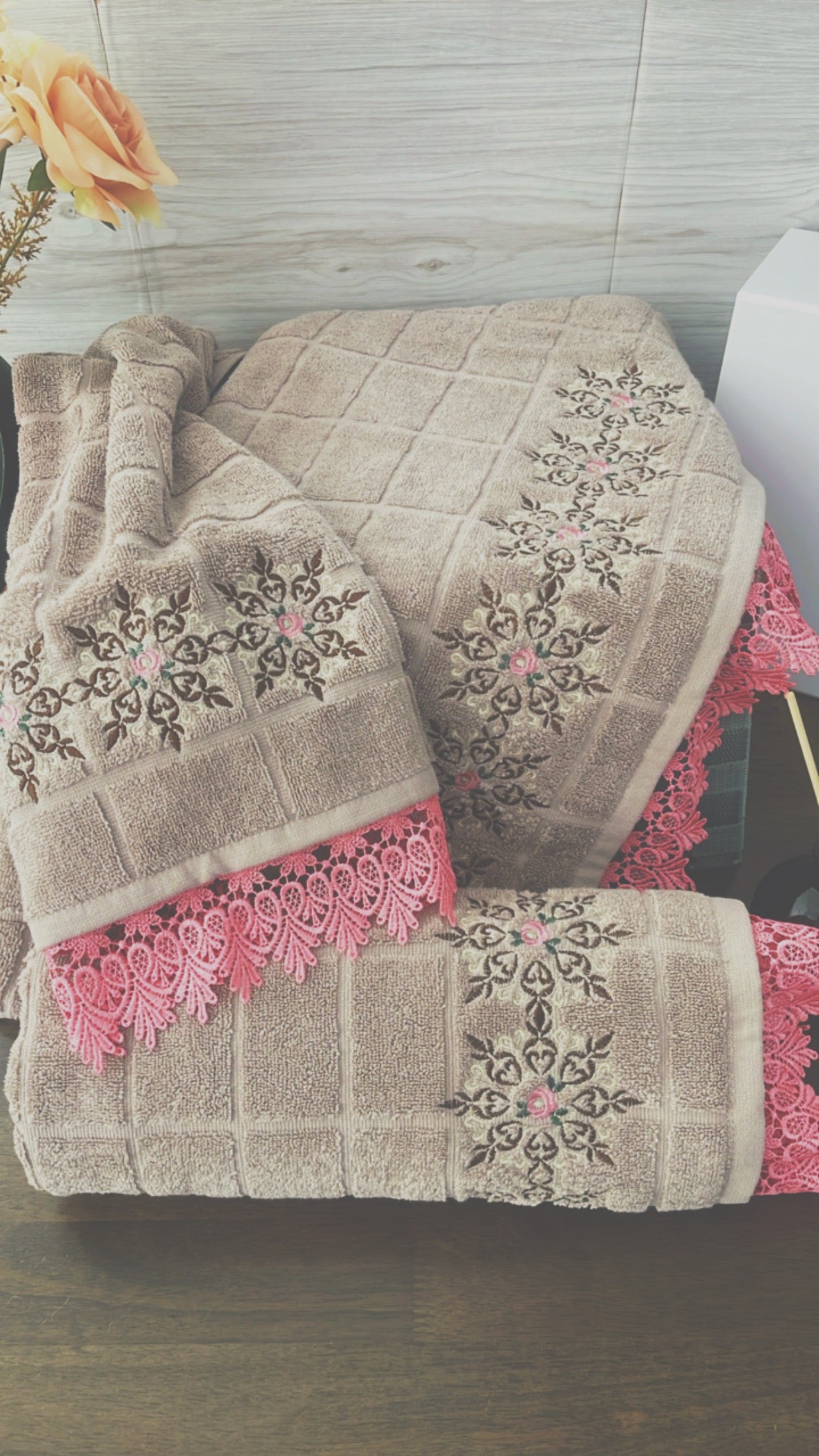 Luxurious Taupe Embroidered Towel Set – 3 Pieces