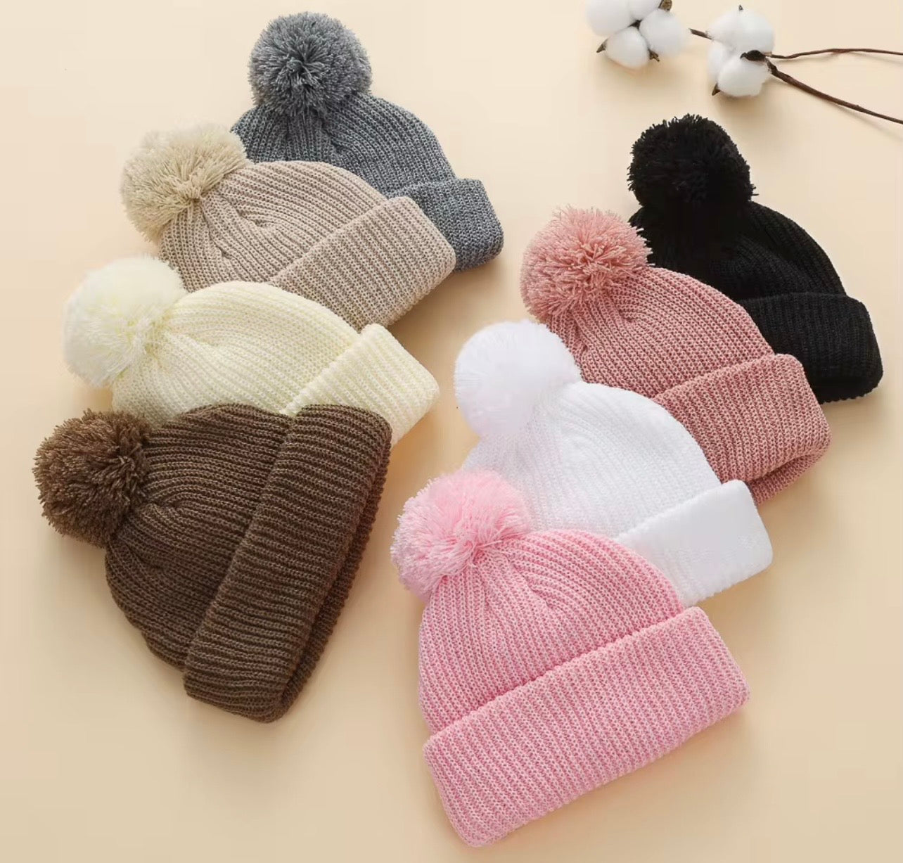 Baby Beanies Knitted with Pom Pom – Autumn & Winter ( Name Personalisation Available – Embroidered)