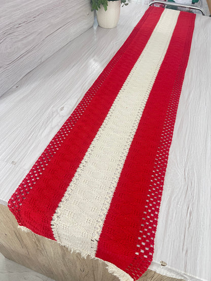 Table Runner – Christmas Red & Cream Bohemian Design with Tassels (30x183cm)