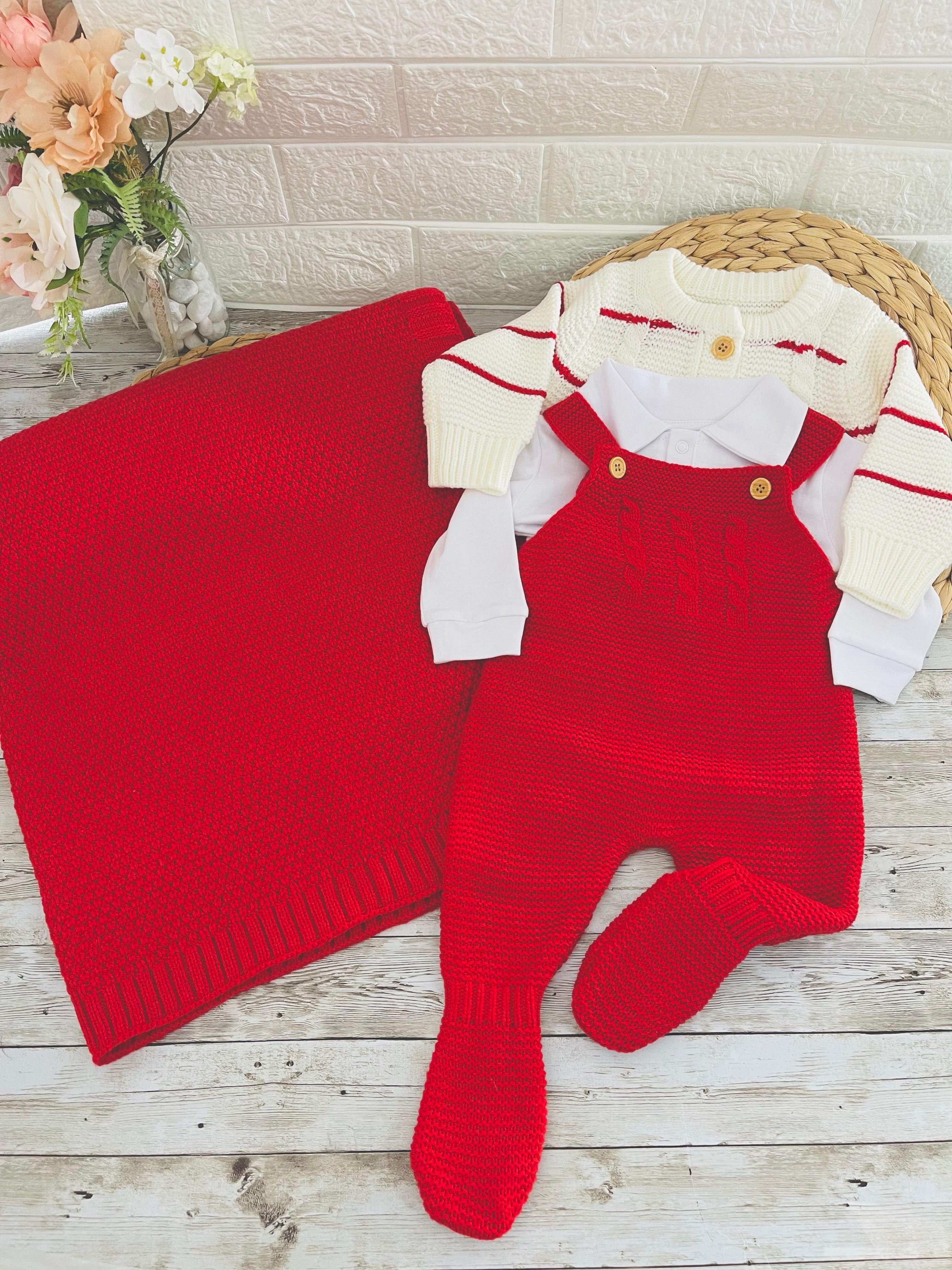 Red - Knitted Baby Unissex Outfit – 4 Piece Set - Cardigan