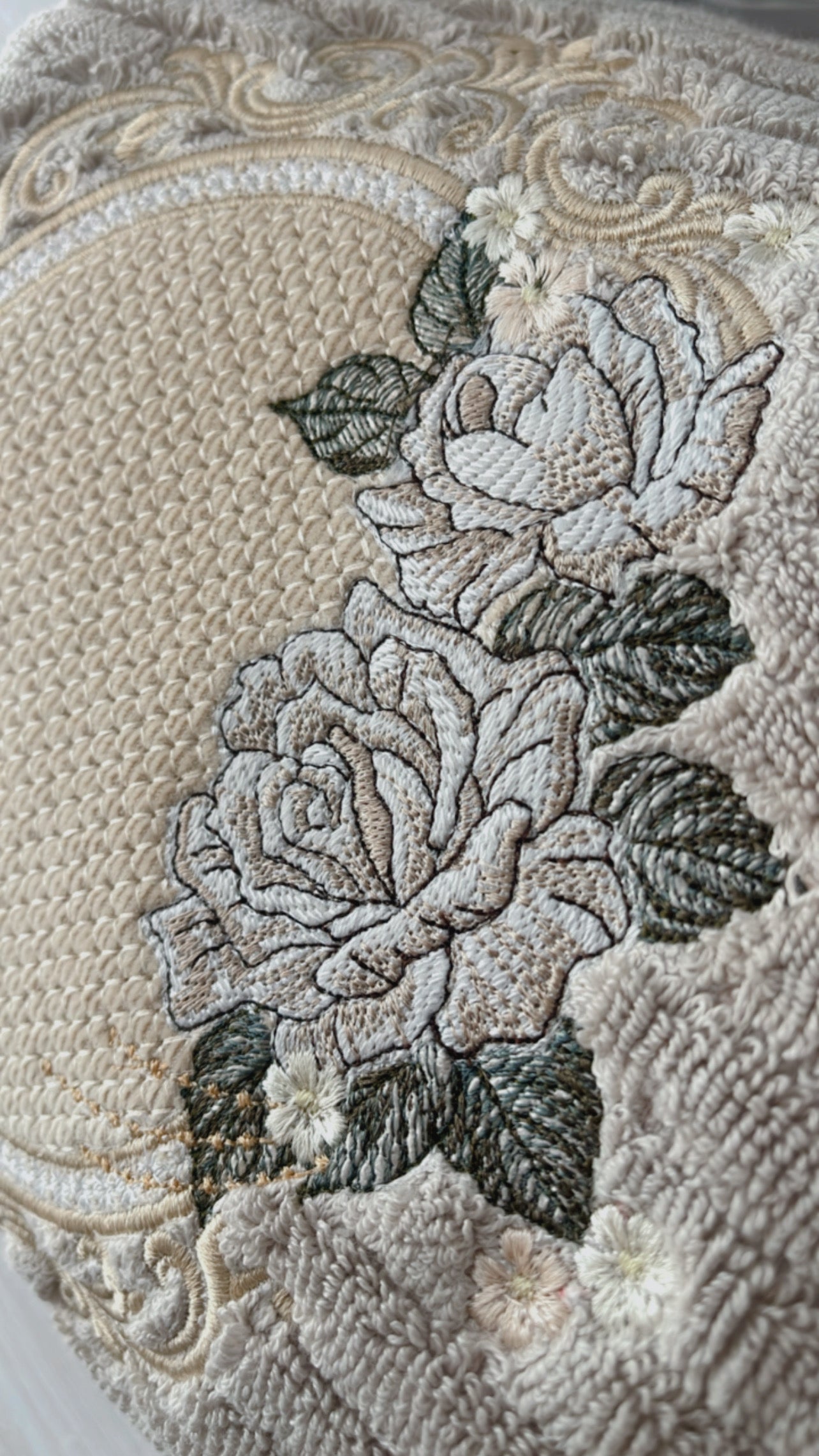 Embroidery Bath Towel Set - Luxury Beige Taupe & White - 3 pcs