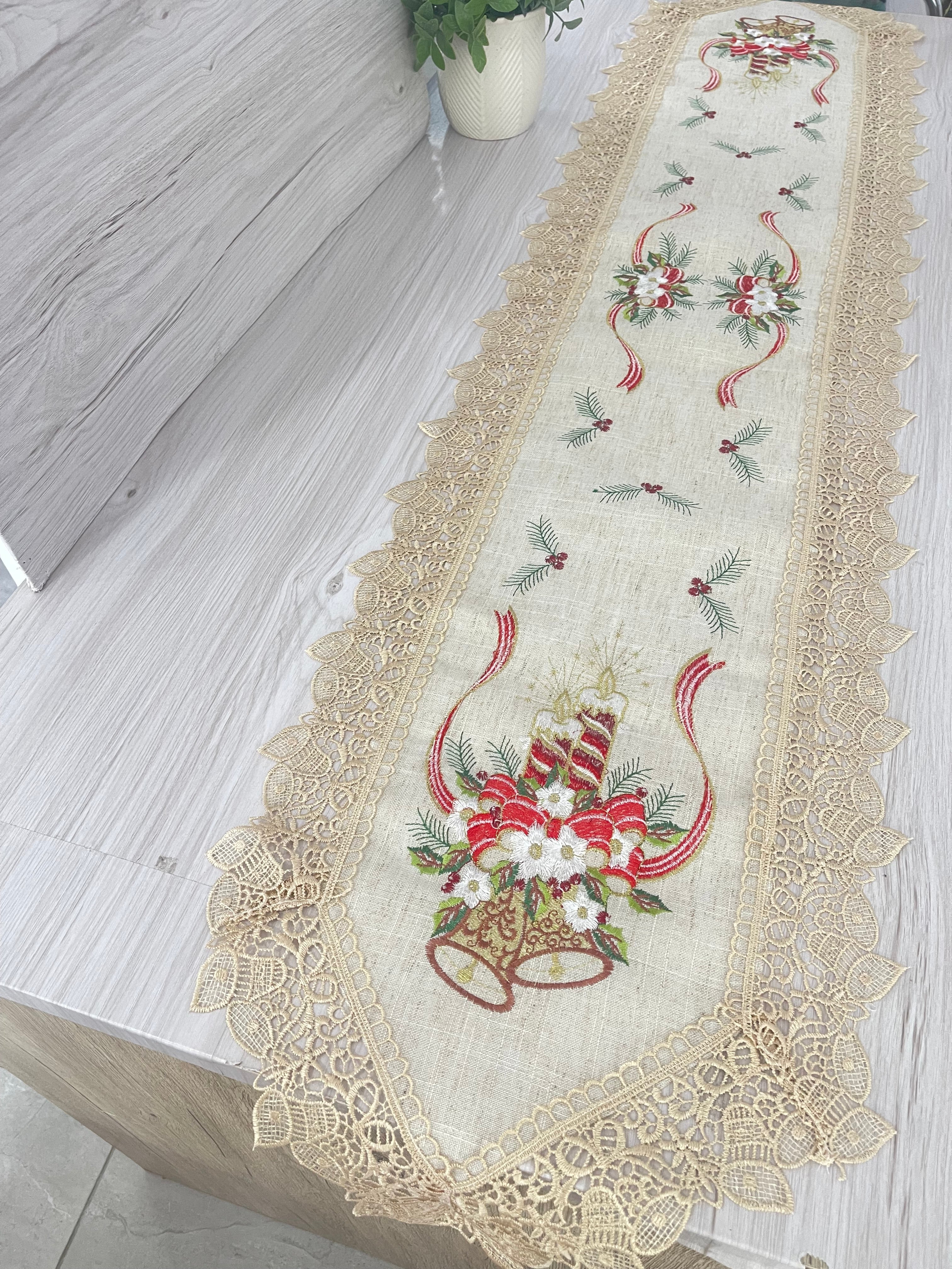 Table Runner – Christmas Candle Embroidered - Linen with Guipure Lace (40x180cm)