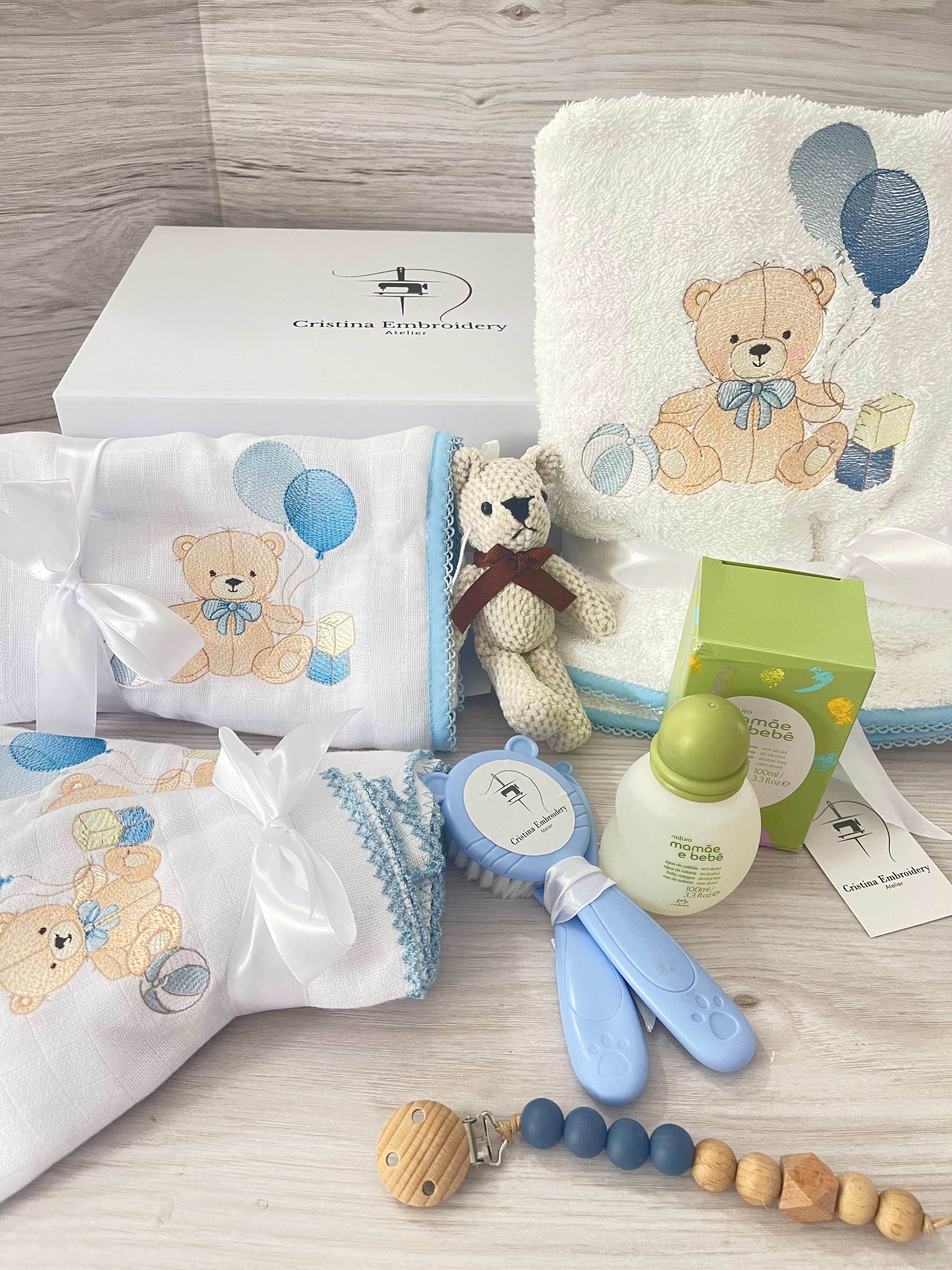 Embroidered Baby Gift Box – Handcrafted Hamper with 8 Essentials - Baloon Teddy Bear